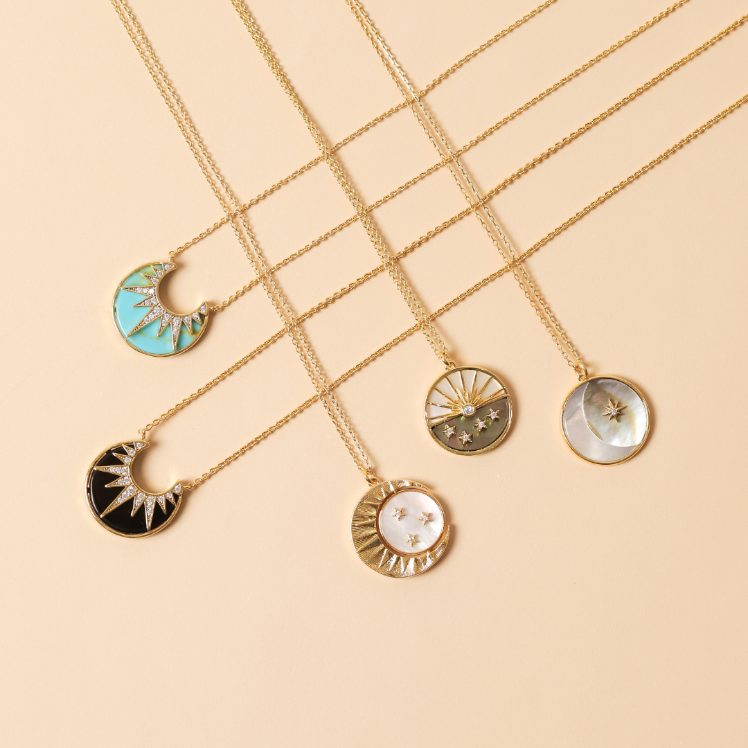 Celestial Pendant Necklace - Sun, Moon and pearl
