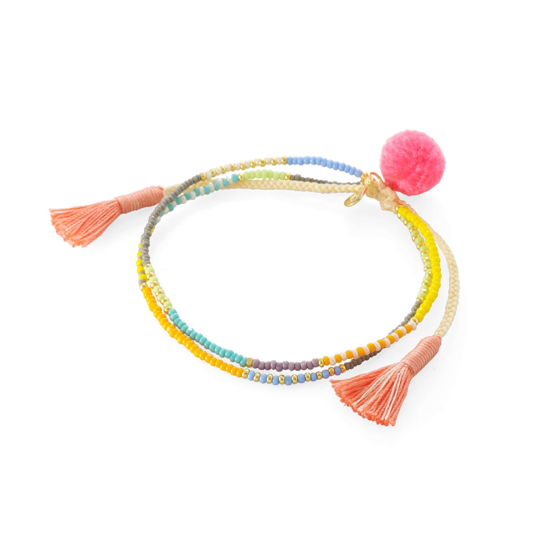 TAI JEWELRY | Tropical Beaded Double Strand Bracelet with Pom Pom Accents | Bracelet |