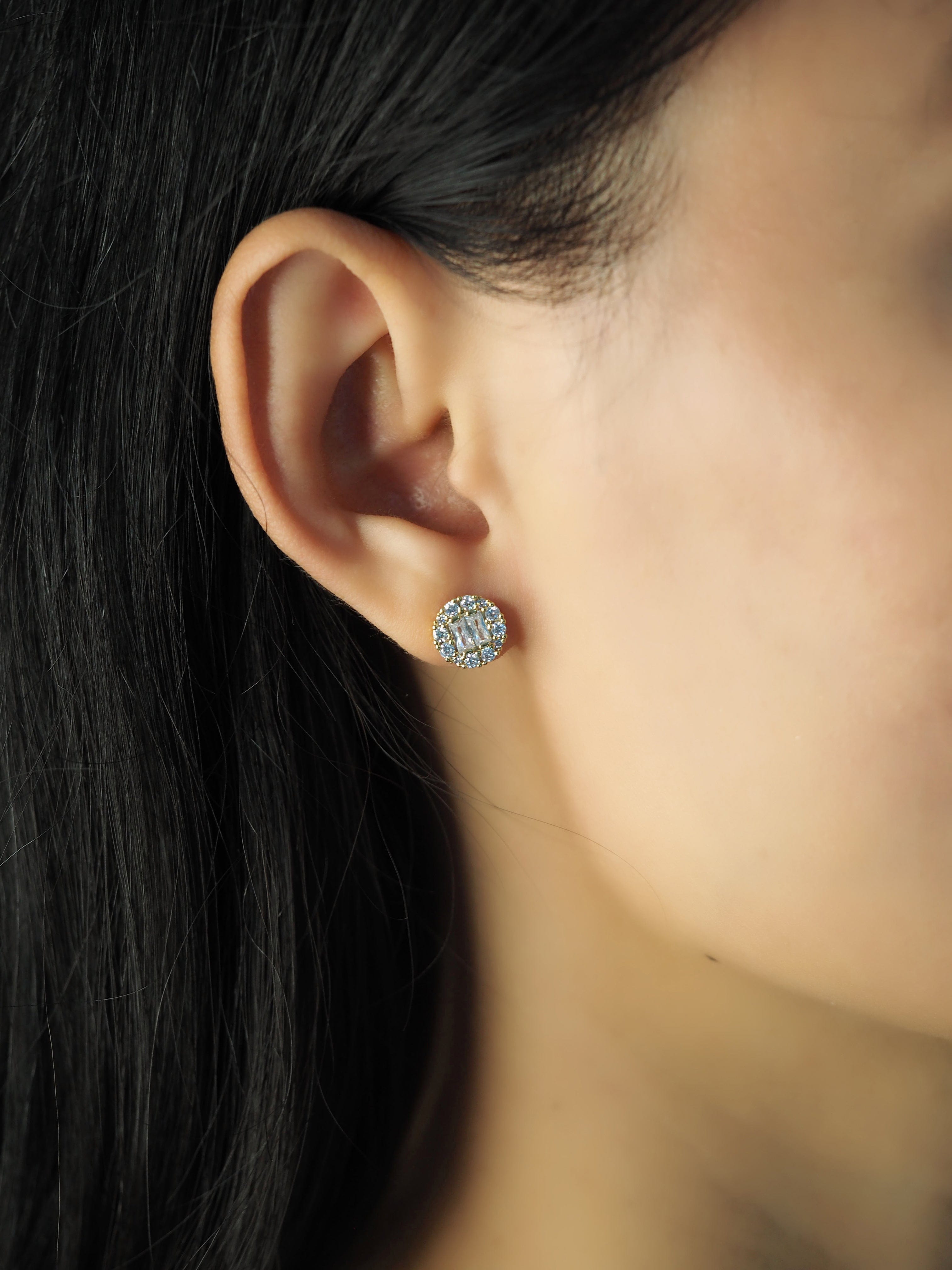 TAI JEWELRY Earrings Circular Cz Stud With Round And Baguette Stones