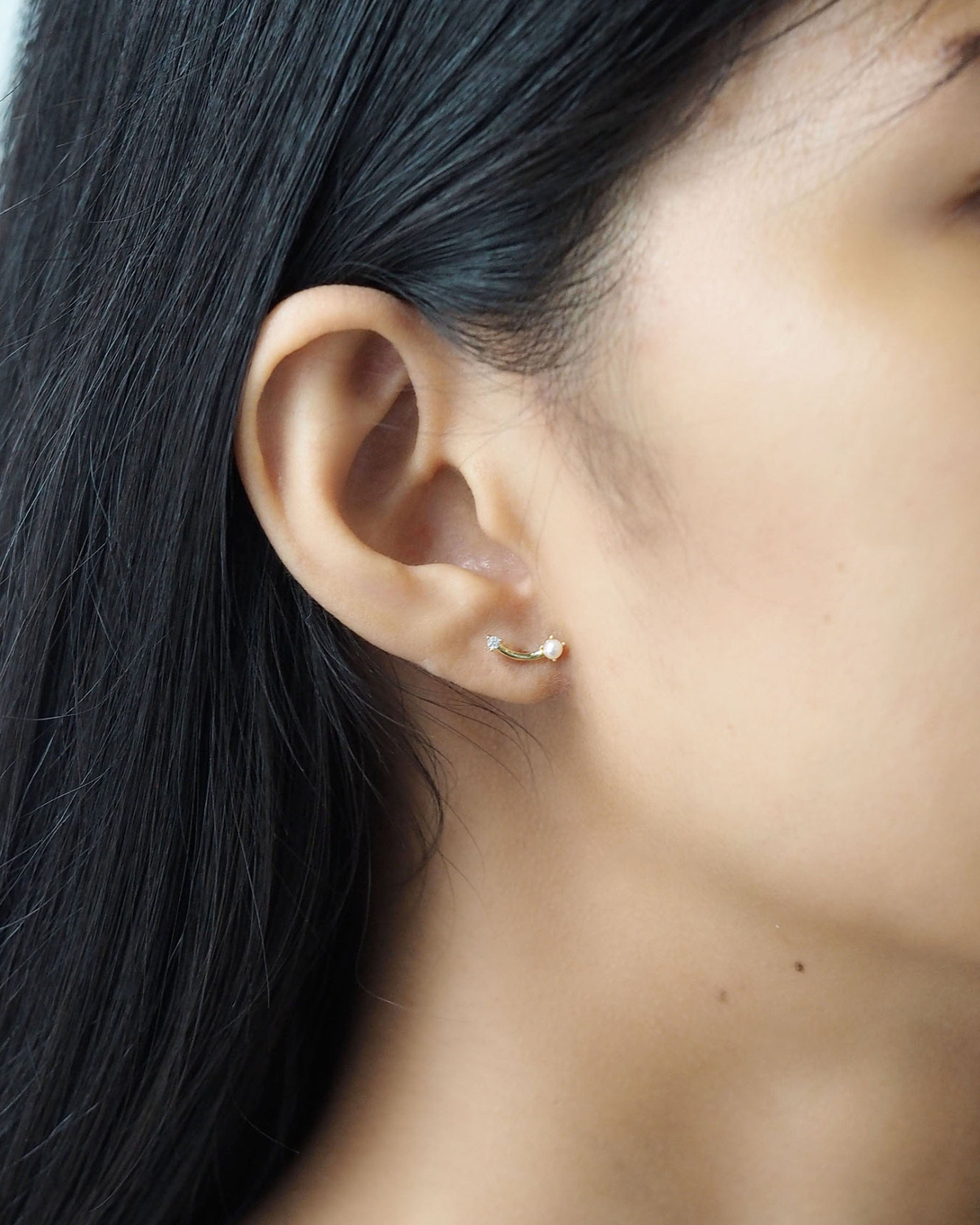 TAI JEWELRY | Curved Bar With Pearl And Cz Accents | Earrings |