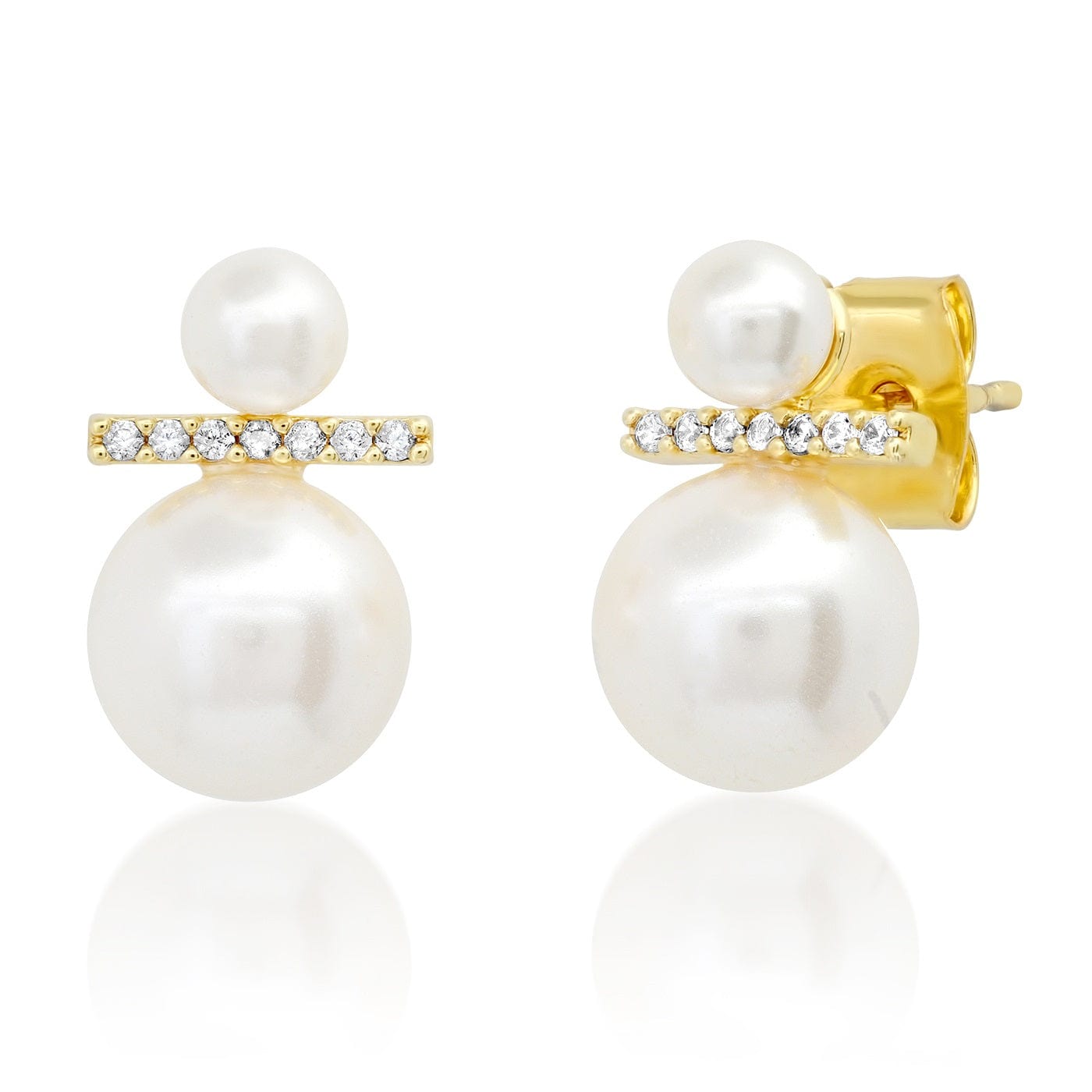 TAI JEWELRY Earrings Double Swarovski Pearl and CZ Modern Stud