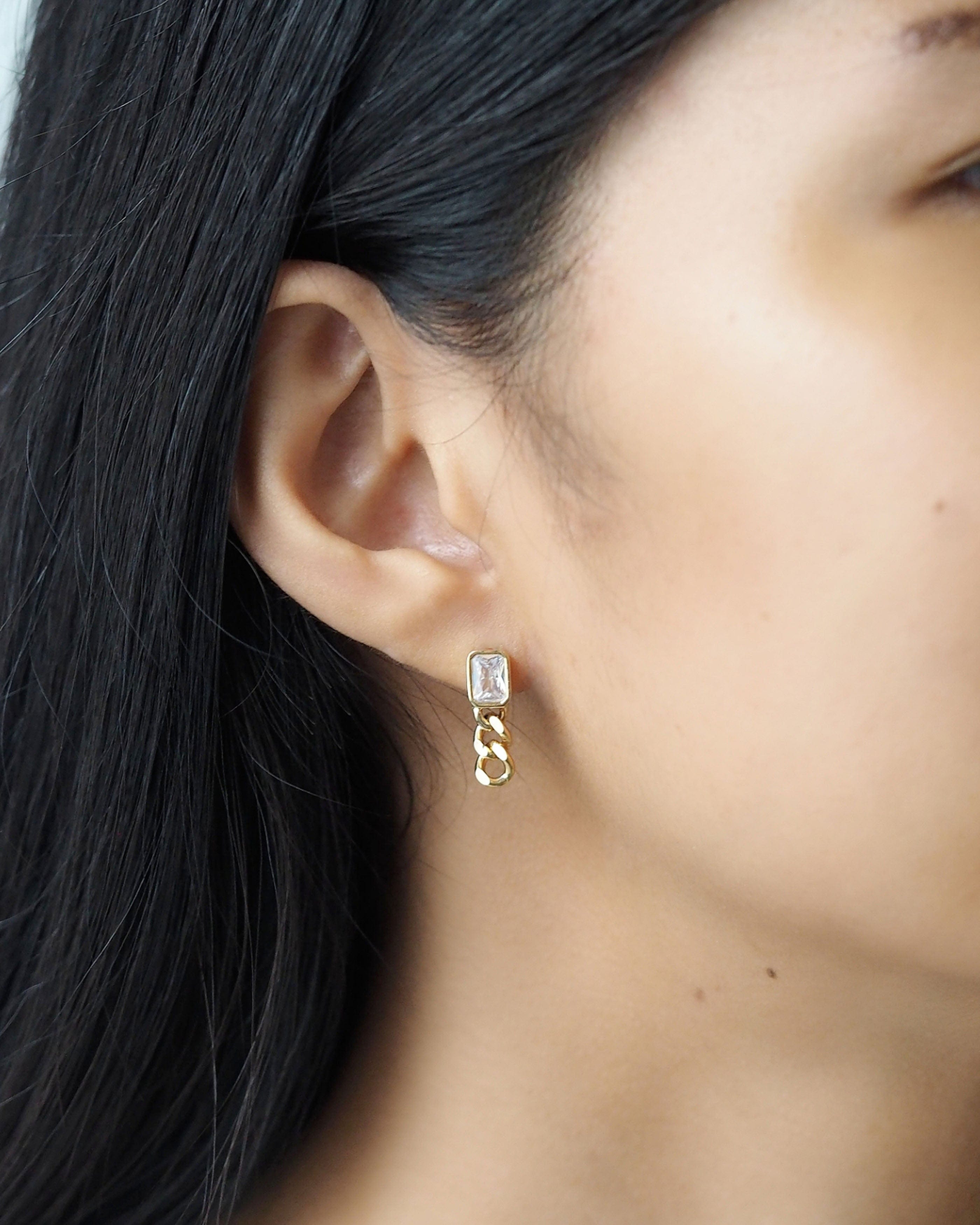 TAI JEWELRY Earrings Emerald Bezel Stud With Chain