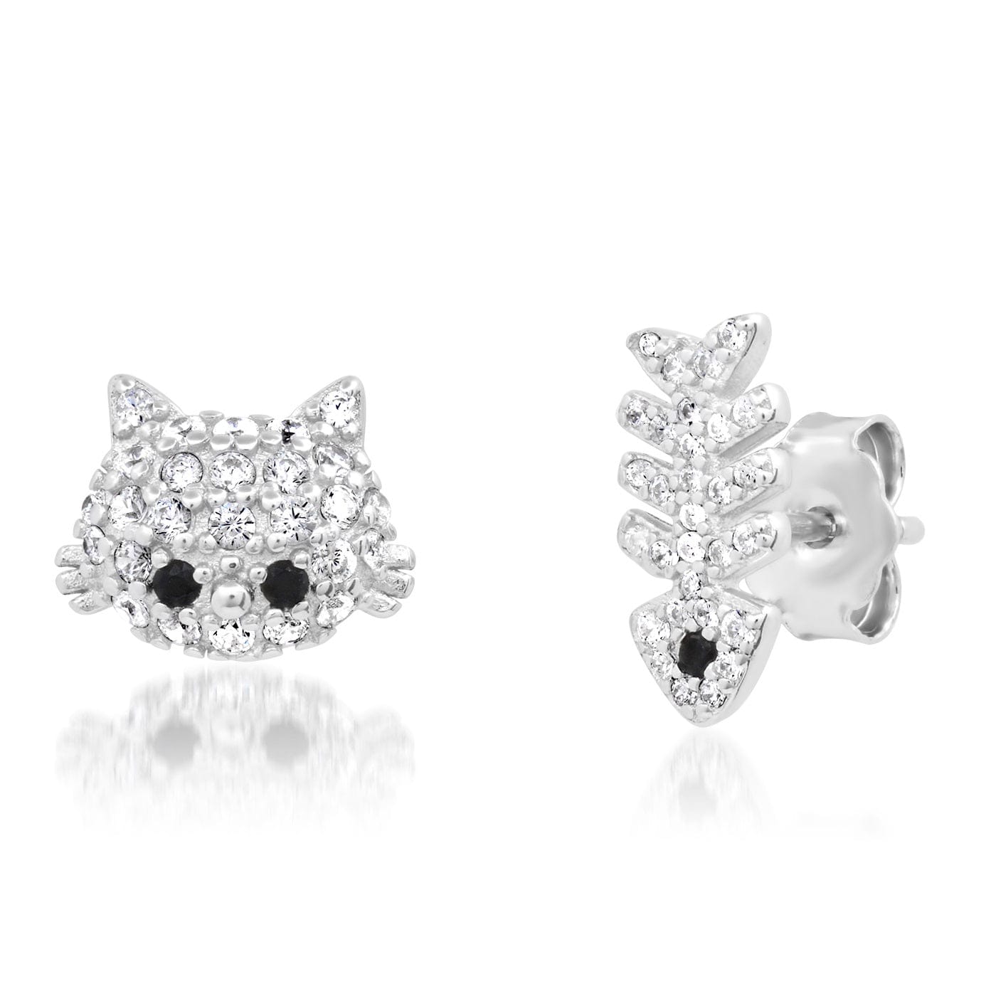 TAI JEWELRY Earrings Silver Fish Bone and Cat Mismatched Studs