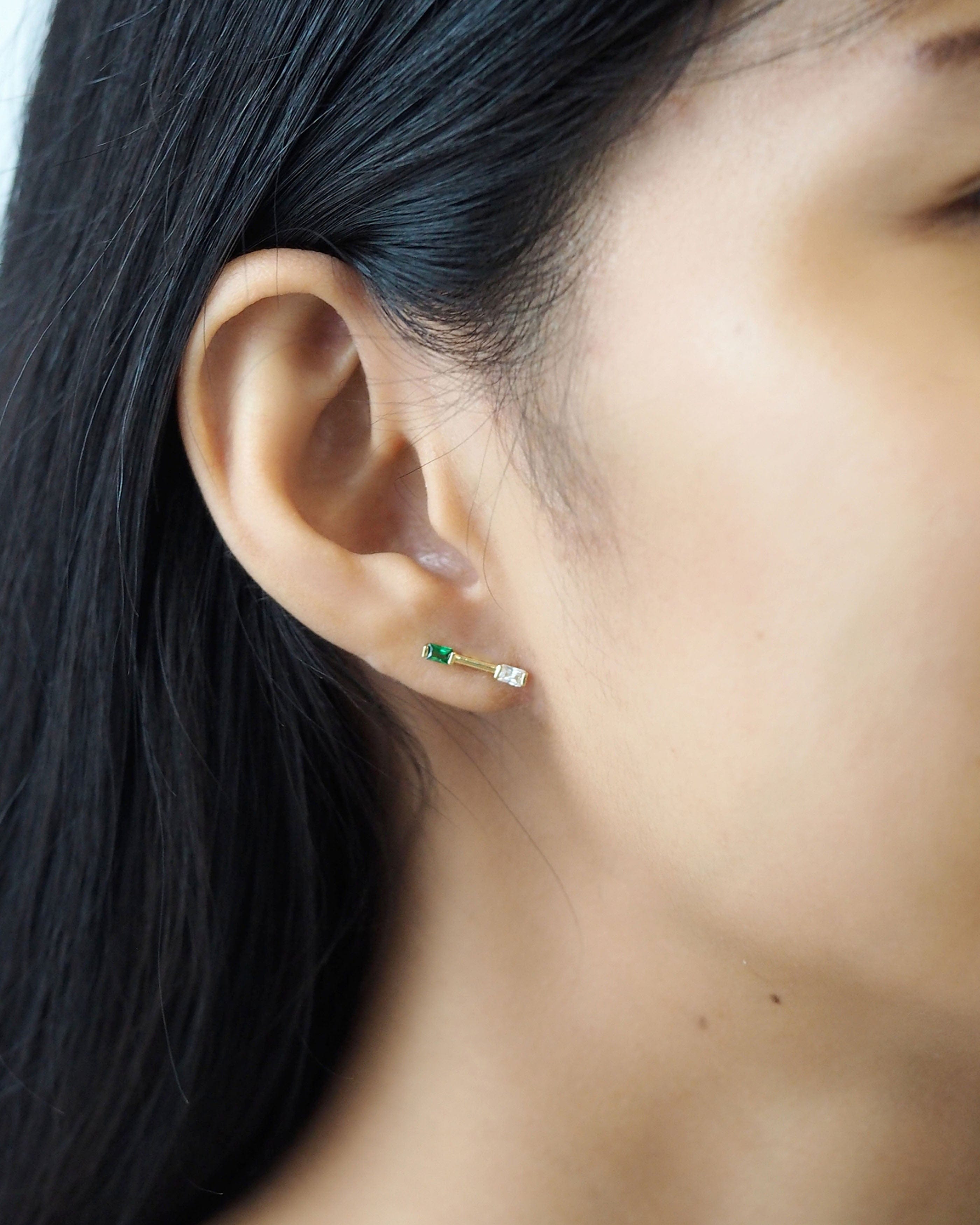 TAI JEWELRY | Gold Bar Stud With CZ And Emerald Green Stone Accents | Earrings |