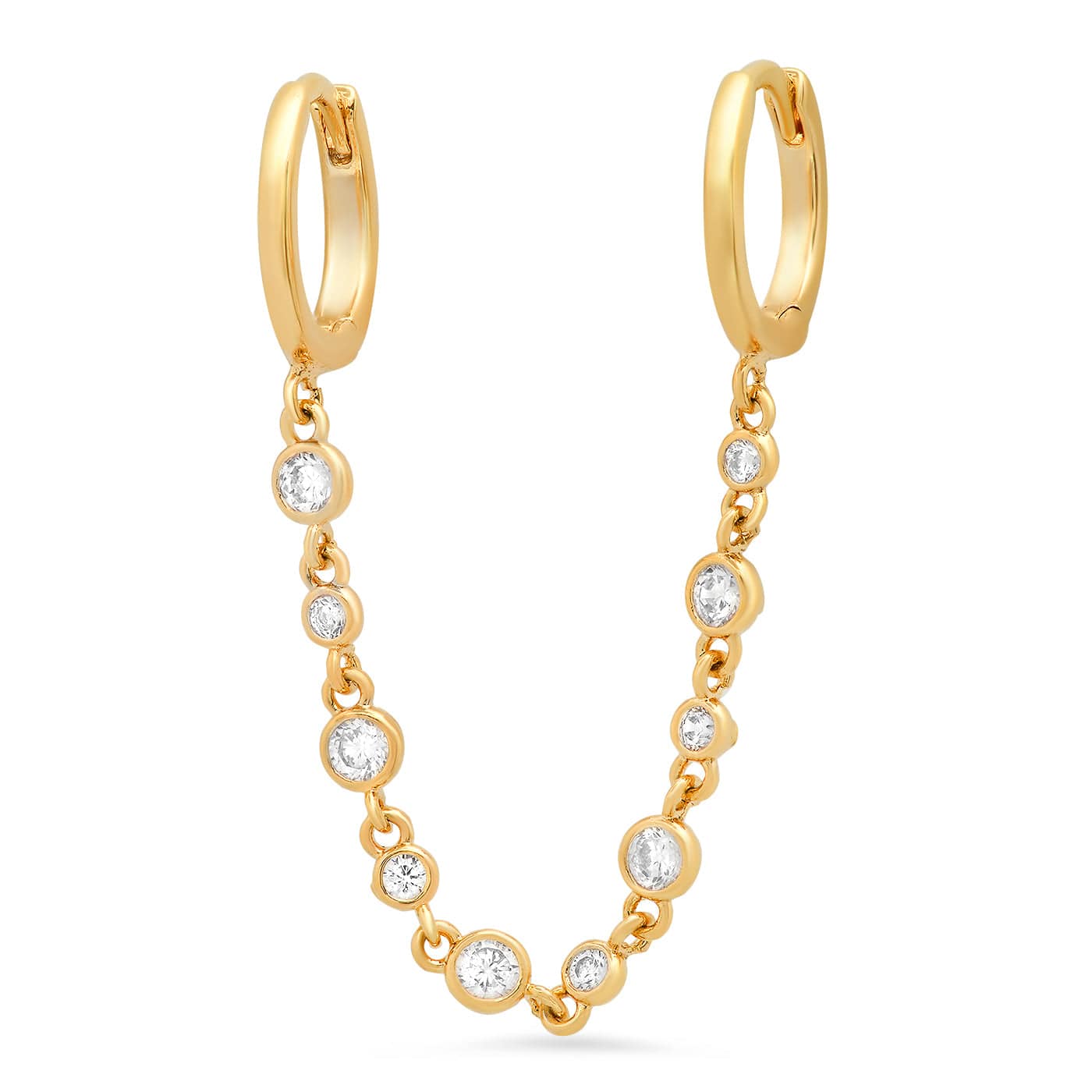 TAI JEWELRY | Gold Pave Huggies with CZ Dangle Chain | Earrings |