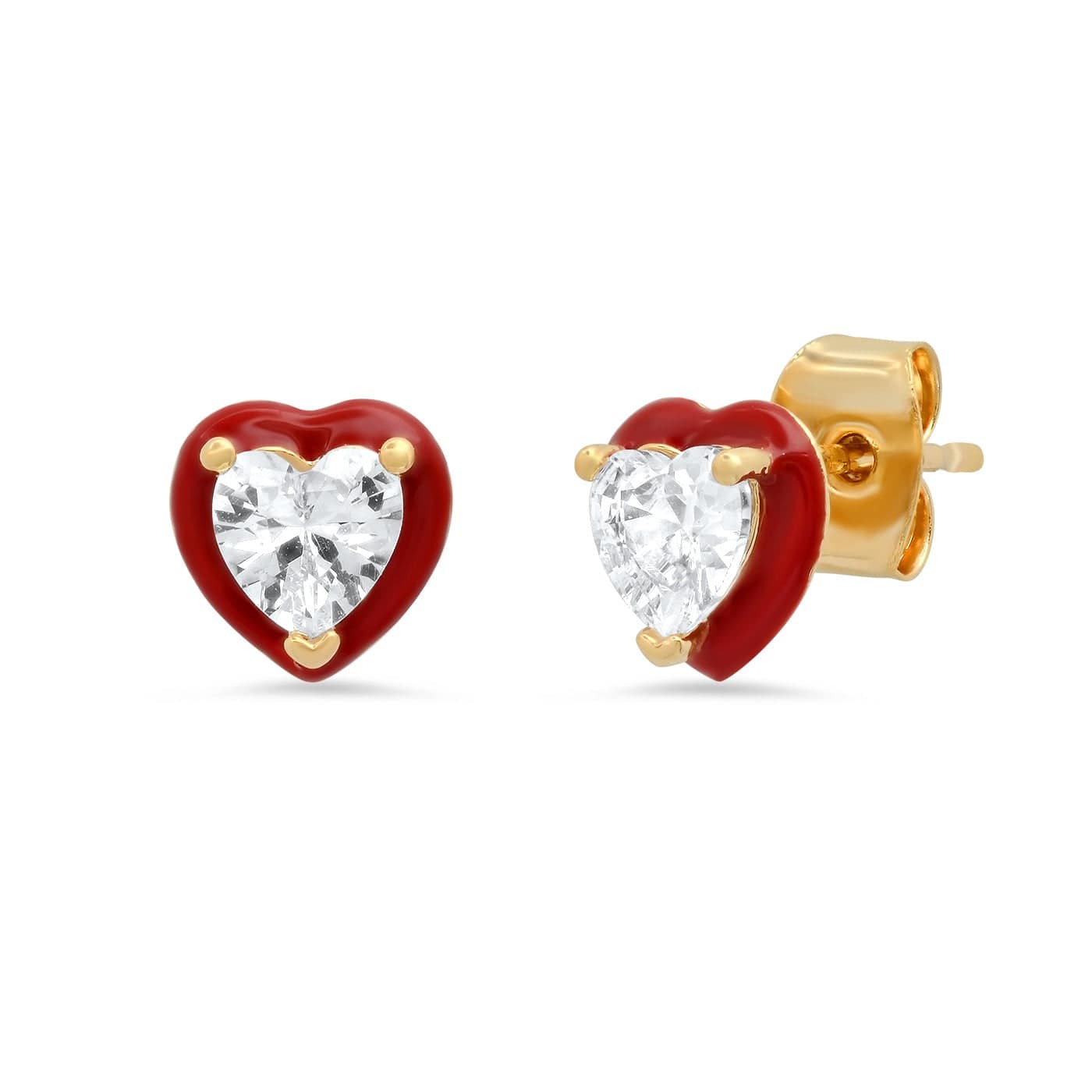 TAI JEWELRY Earrings Heart Shaped CZ Stud With Enamel Bezel