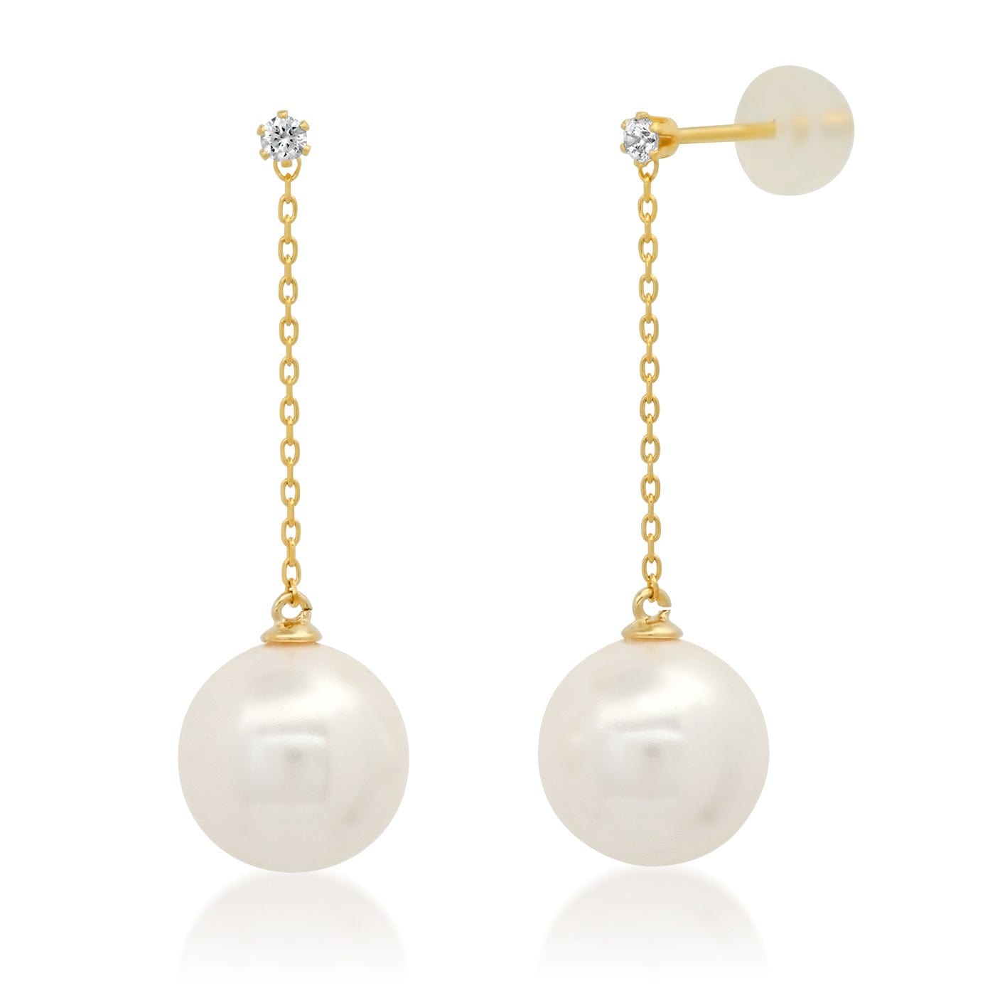 TAI JEWELRY Earrings Large Pearl And CZ Linear Chain Earrings