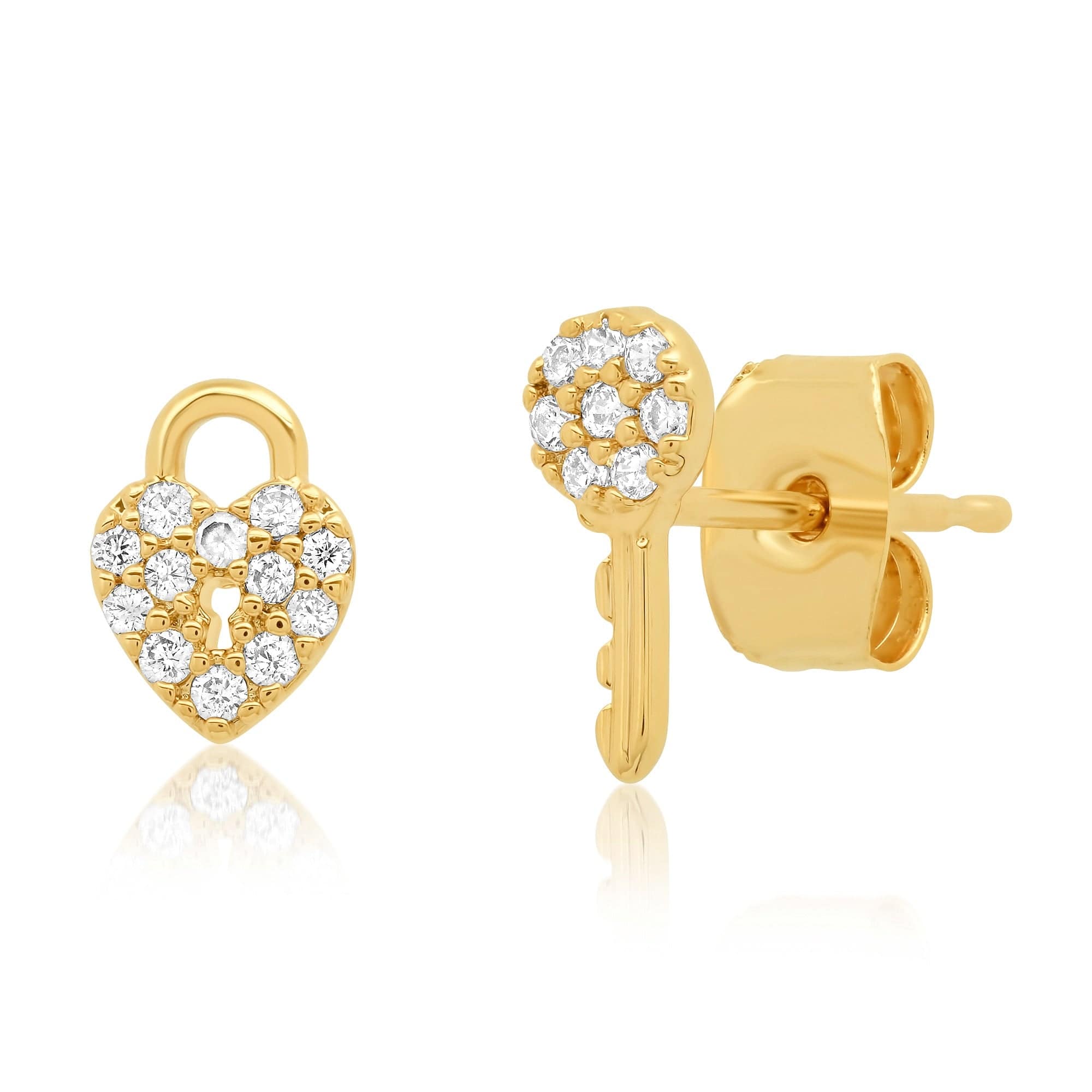 TAI JEWELRY Earrings Pave Cz Heart Lock And Key Studs