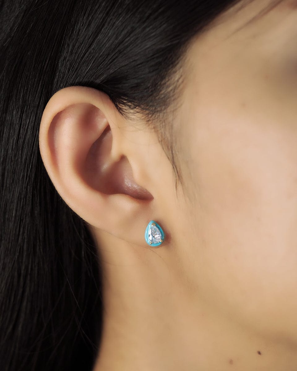 TAI JEWELRY Earrings Pear Shaped CZ Studs With Enamel Bezel