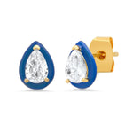 TAI JEWELRY Earrings Navy Pear Shaped CZ Studs With Enamel Bezel