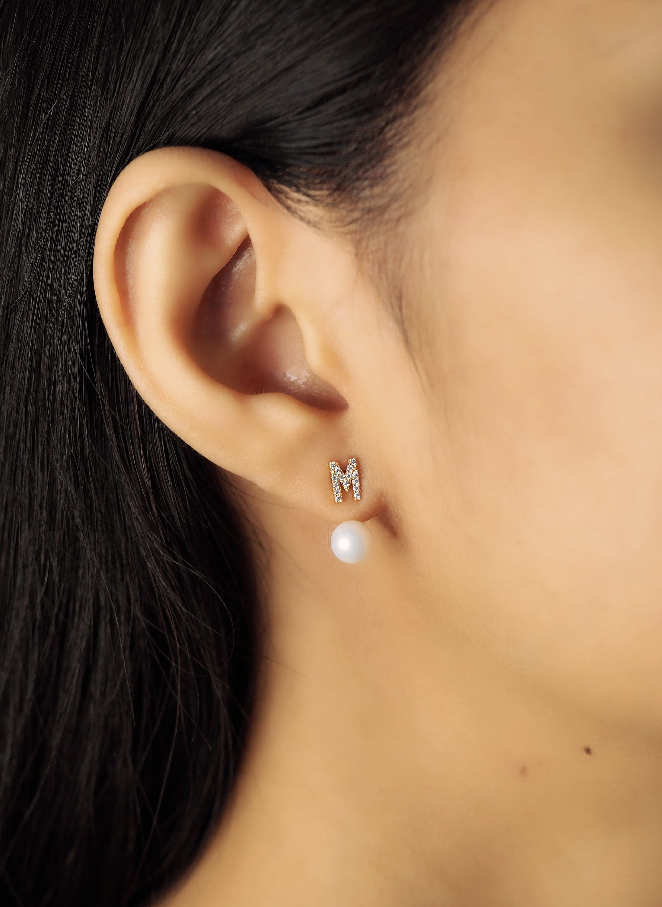 TAI JEWELRY Earrings Pearl And CZ Monogram Ear Jacket