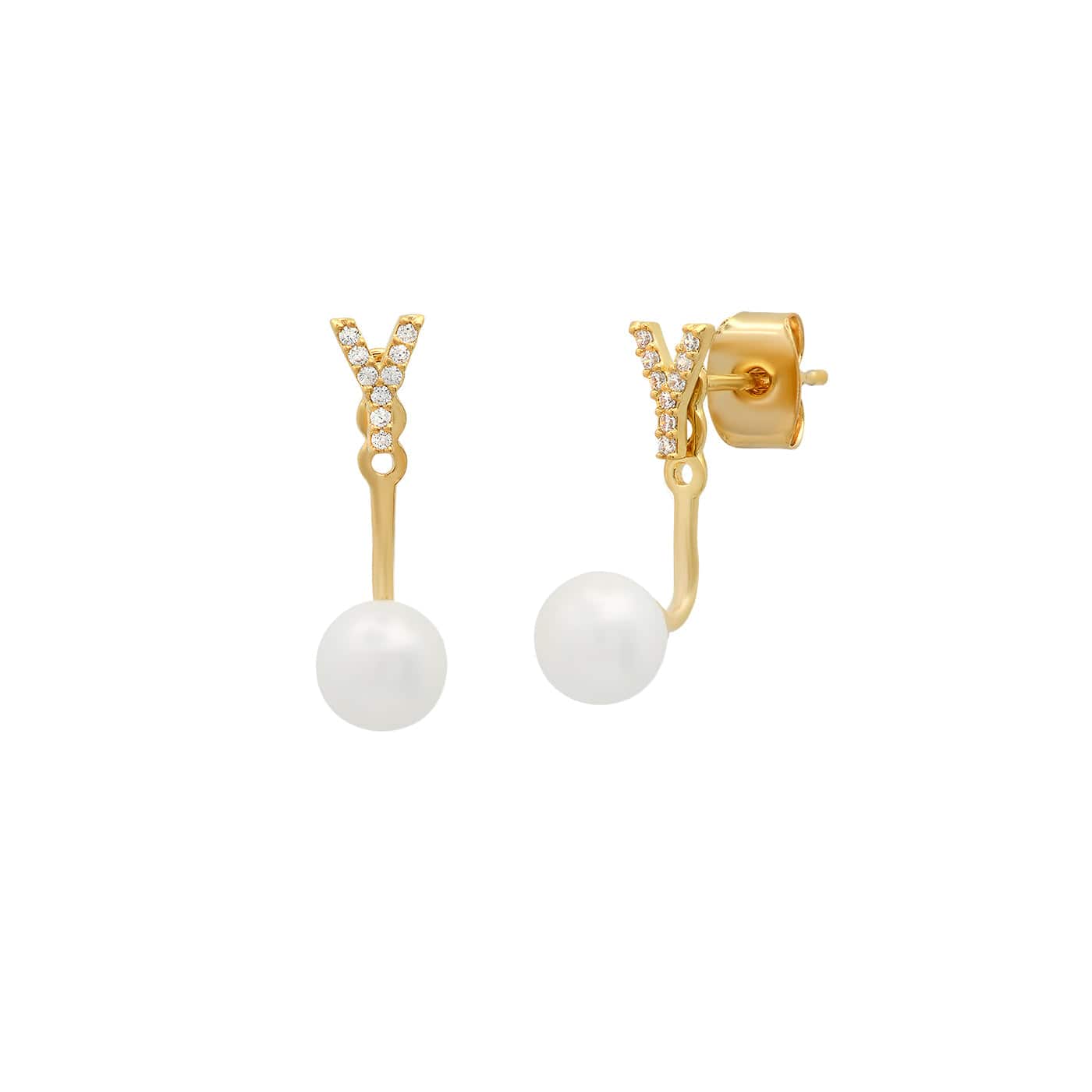 TAI JEWELRY Earrings Y Pearl And CZ Monogram Ear Jacket