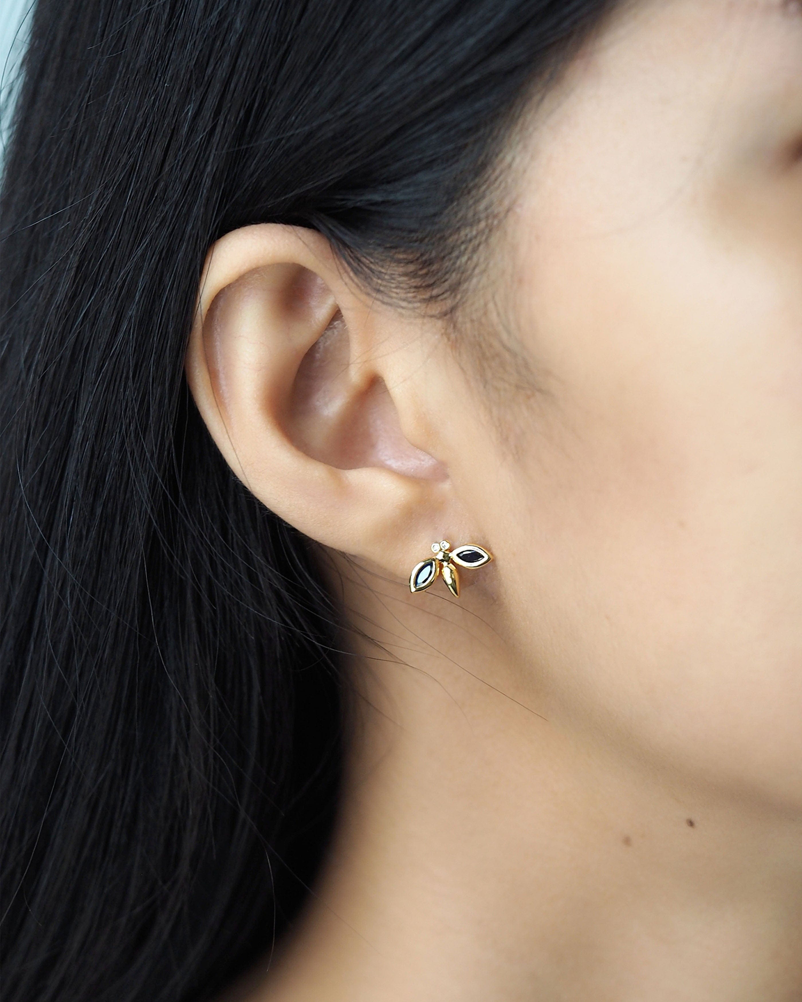 TAI JEWELRY | Simple Gold Bee Studs Accented With Montana Blue Stones | Earrings |