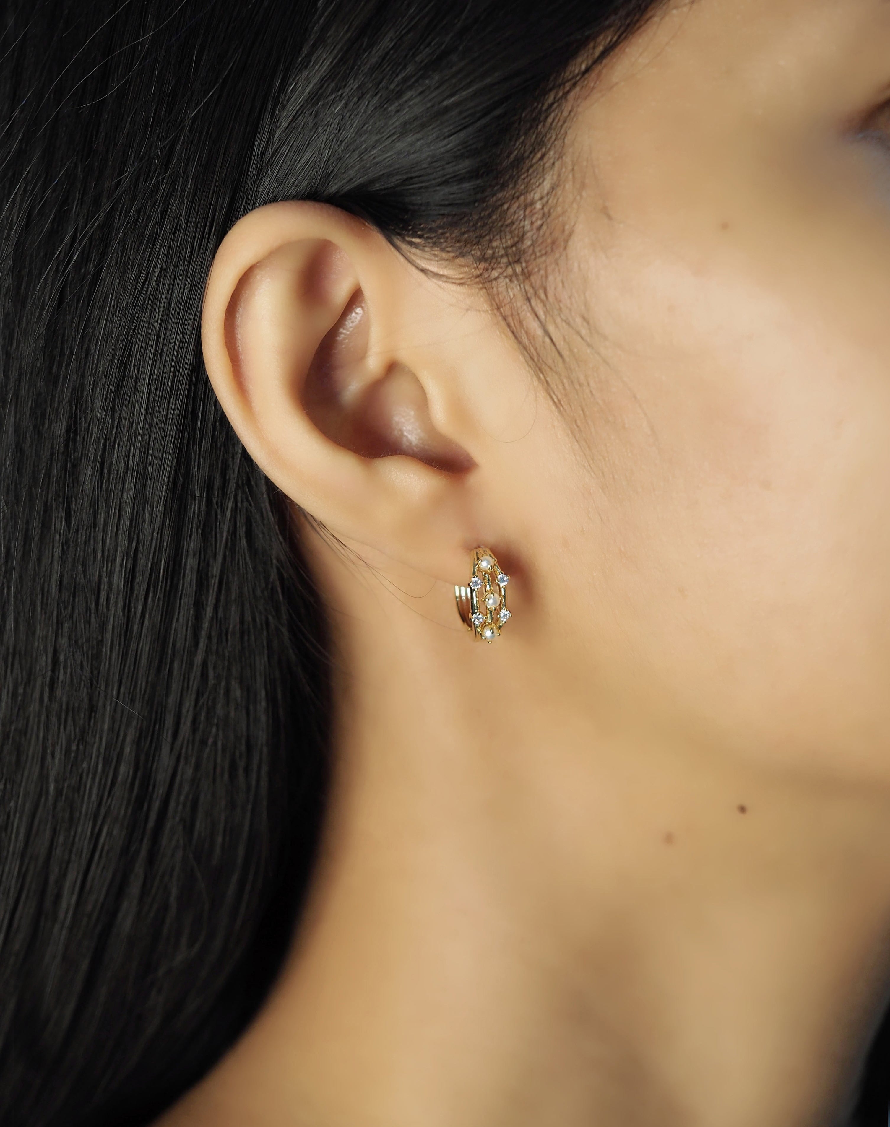 TAI JEWELRY Earrings Small Triple Row Gold Hoop With Pearl And Cz Accents