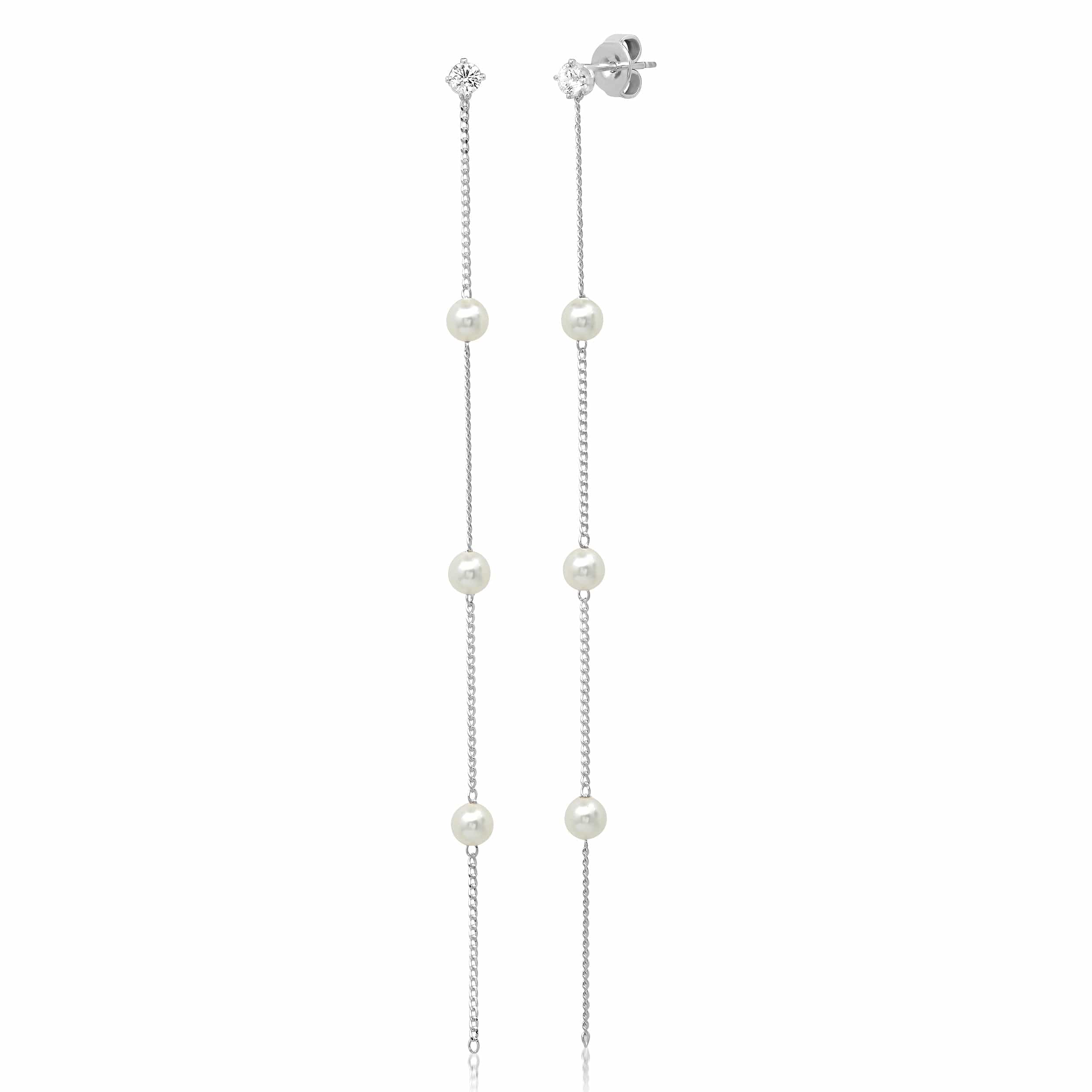 TAI JEWELRY Earrings Sterling Silver Linear Dangle Earring With Fresh Water Pearl Stations