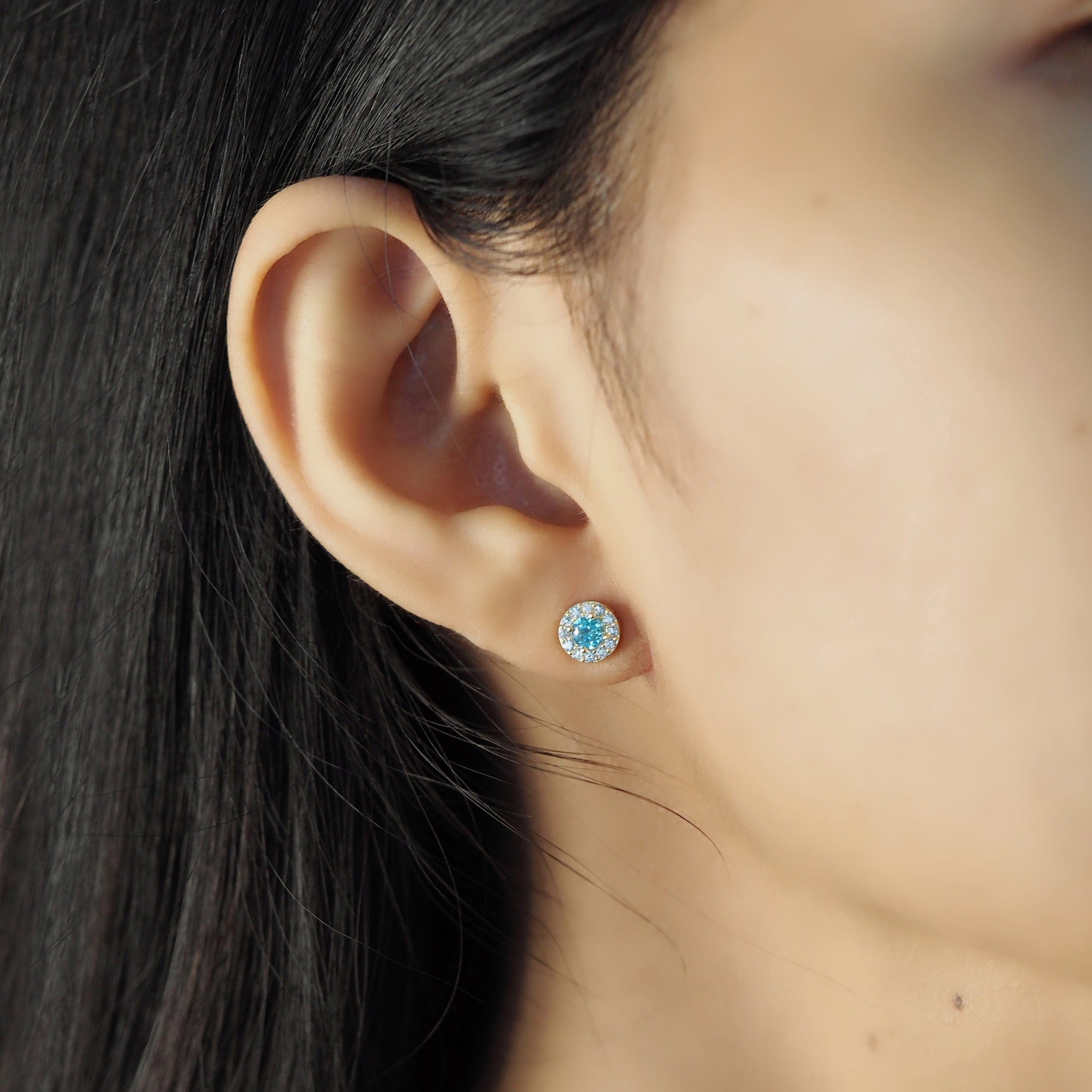TAI JEWELRY | Stud With Blue Center Stone And Pave Halo | Earrings |