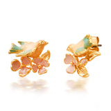 TAI JEWELRY Earrings Pink Whimsical Enamel Bird and Flower Studs