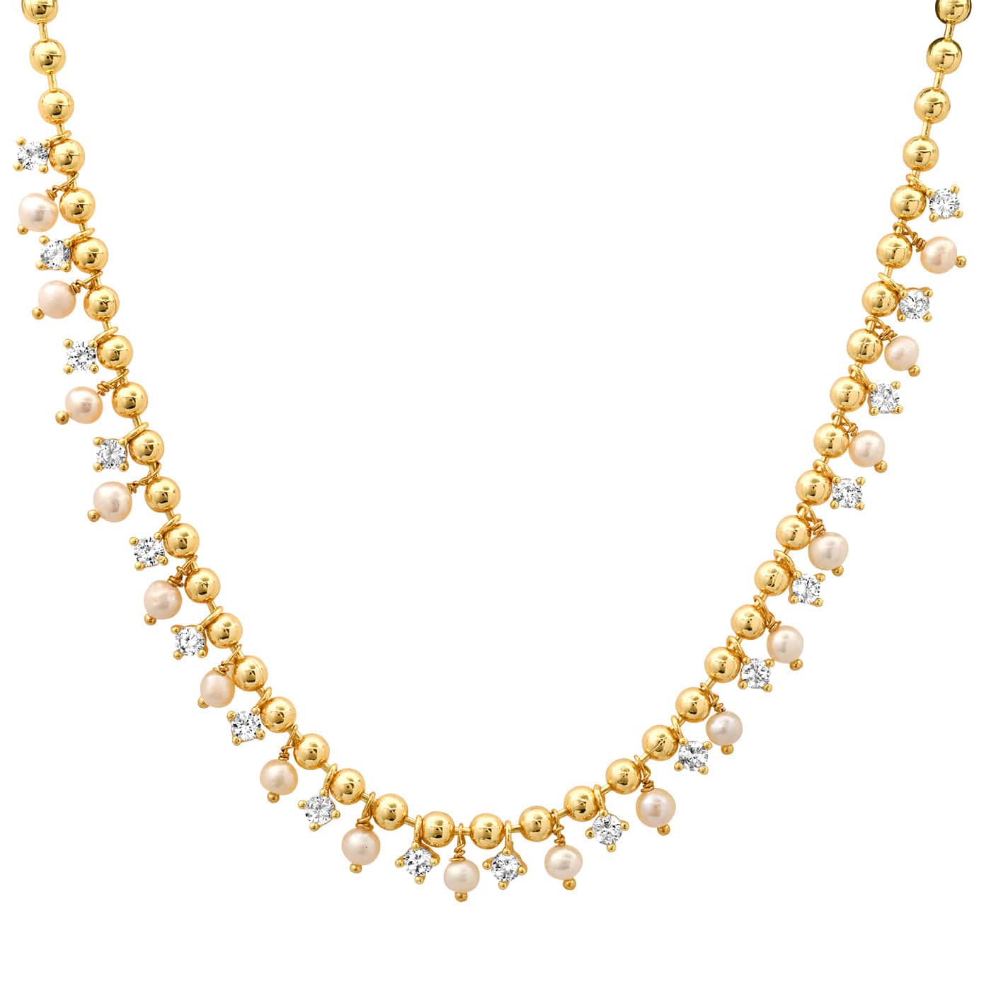 TAI JEWELRY Gold Ball Necklace with Alternating CZ and Pearl Stones