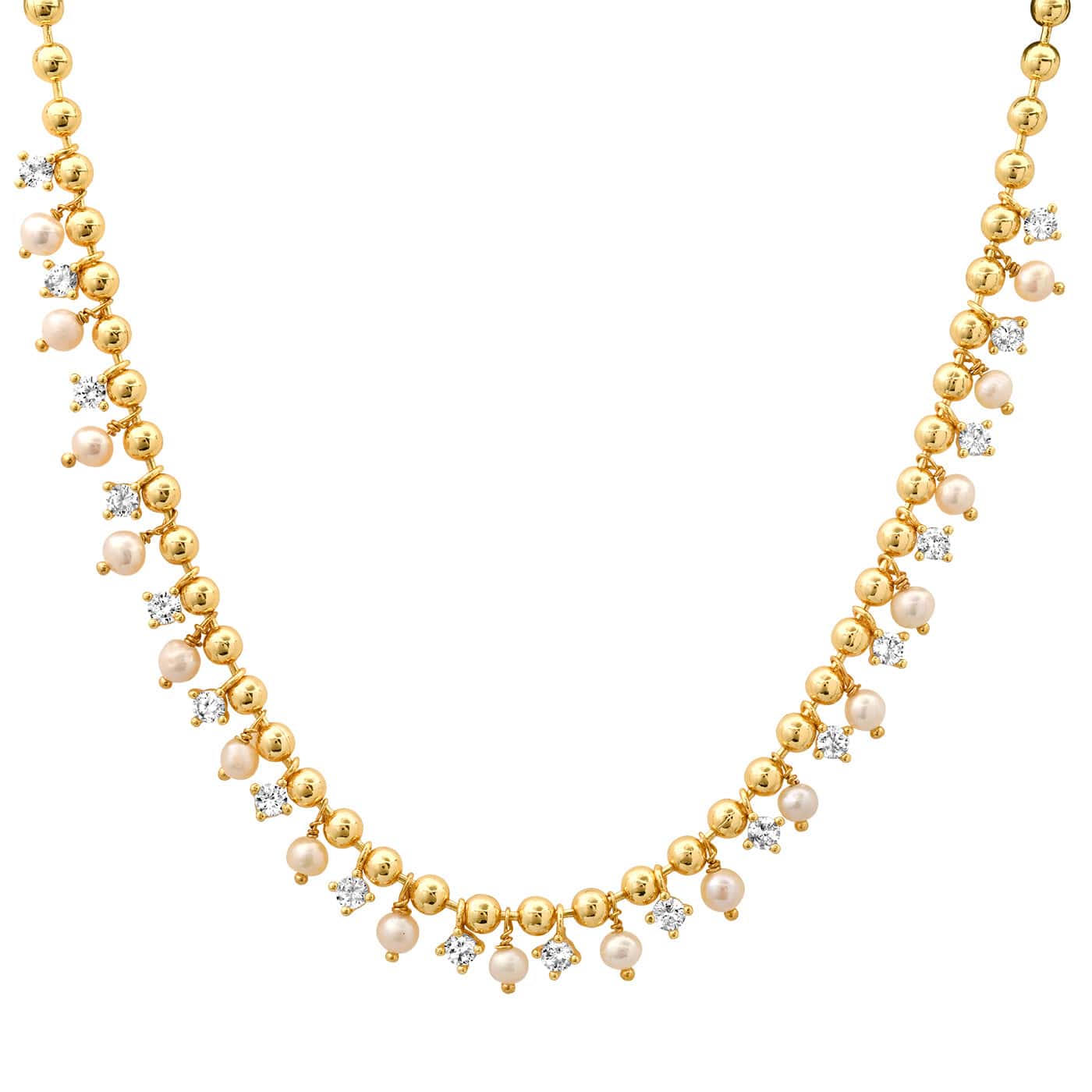 TAI JEWELRY | Gold Ball Necklace with Alternating CZ and Pearl Stones | Necklace |
