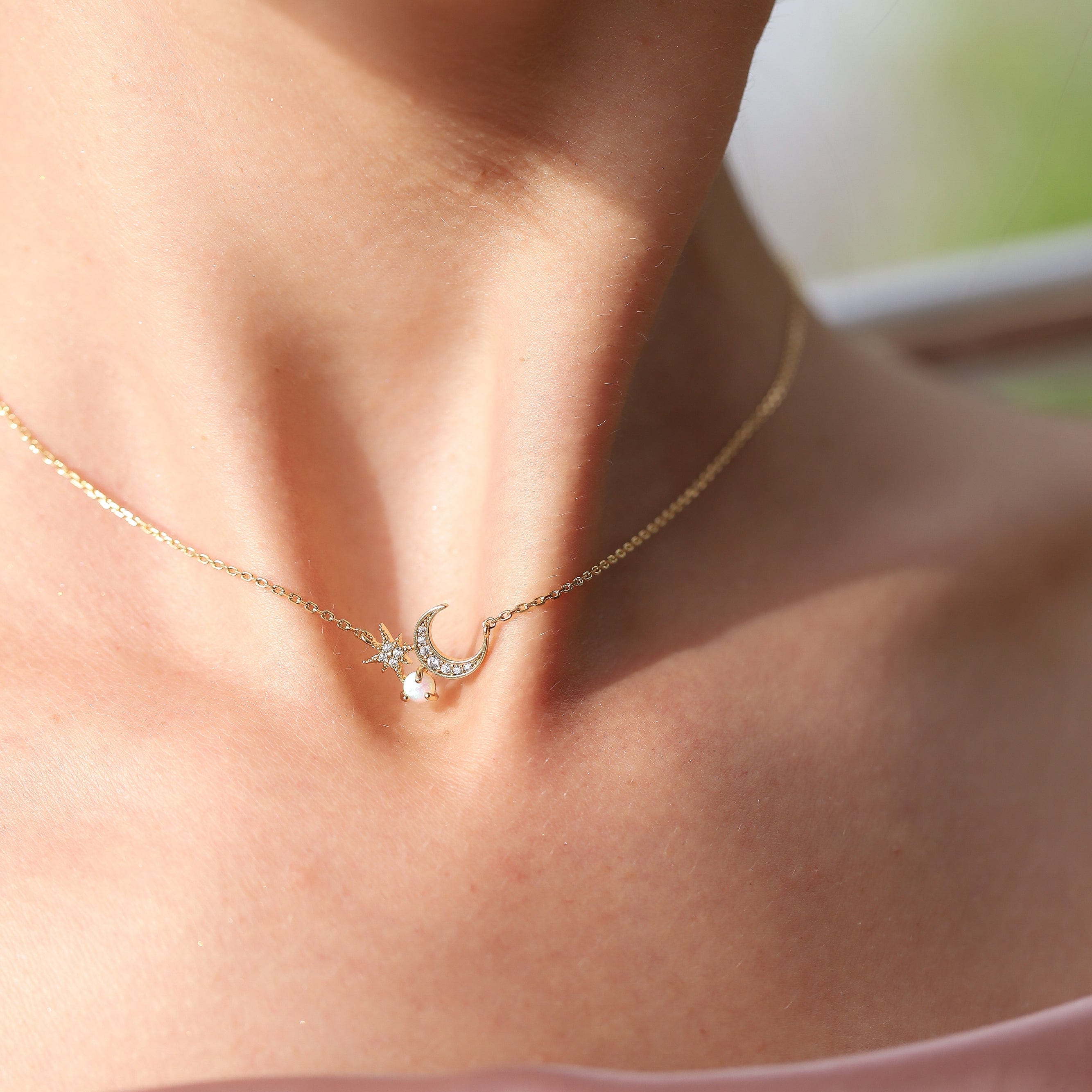 TAI JEWELRY | Crescent Moon and Starburst Pendant with Opal Accent | Necklace |
