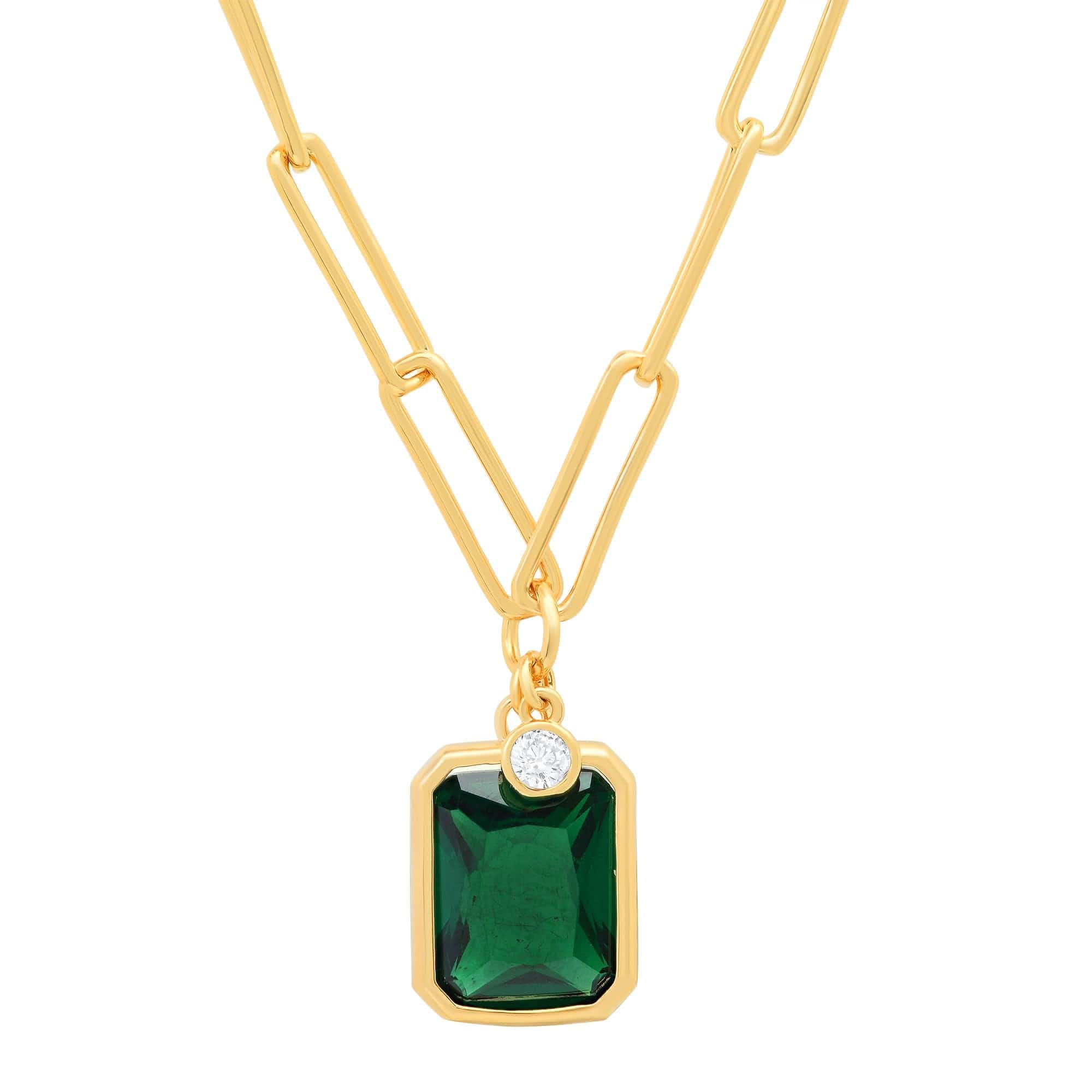 TAI JEWELRY | Emerald and CZ Bezel Charm Gold Link Necklace | Necklace |