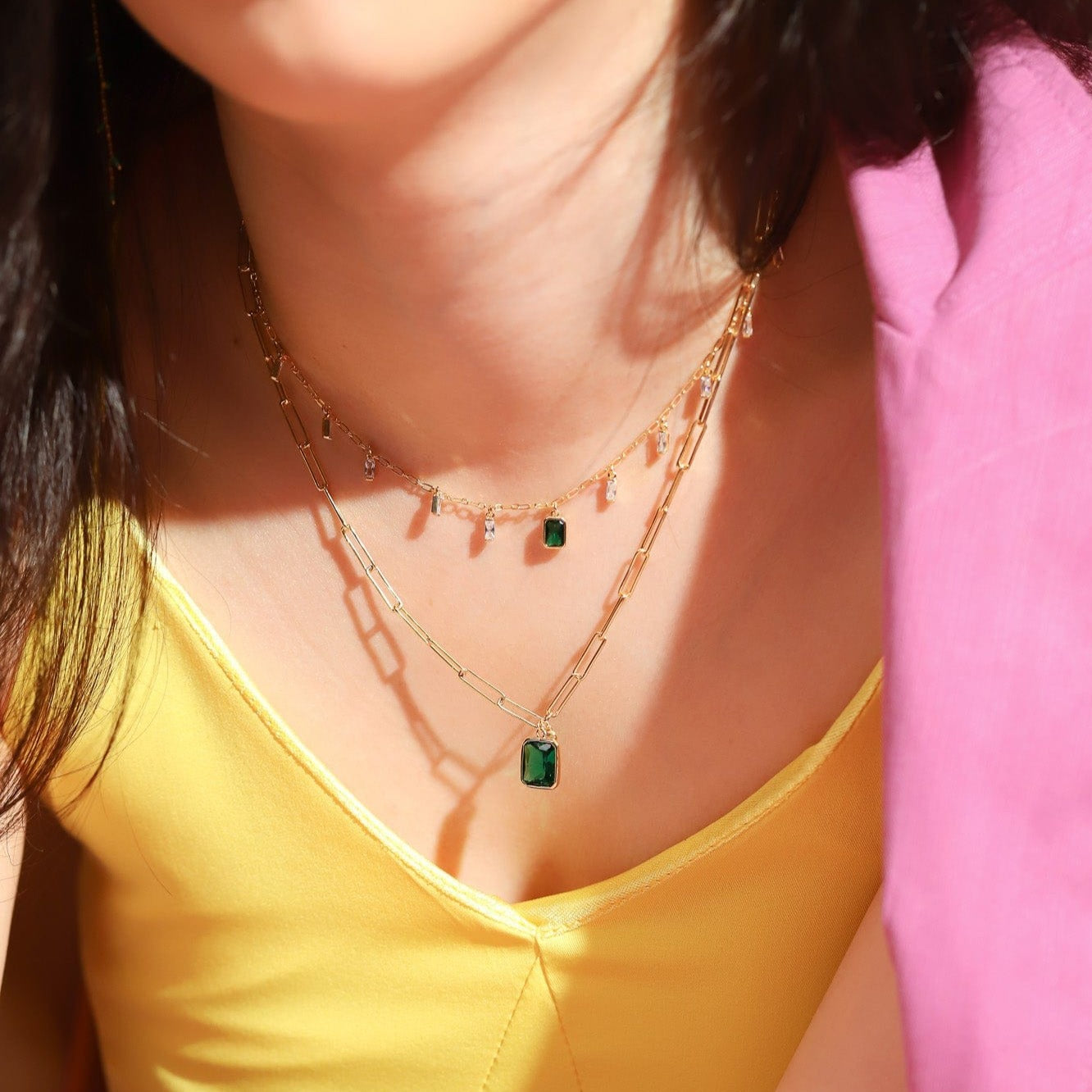 TAI JEWELRY | Emerald and CZ Bezel Charm Gold Link Necklace | Necklace |