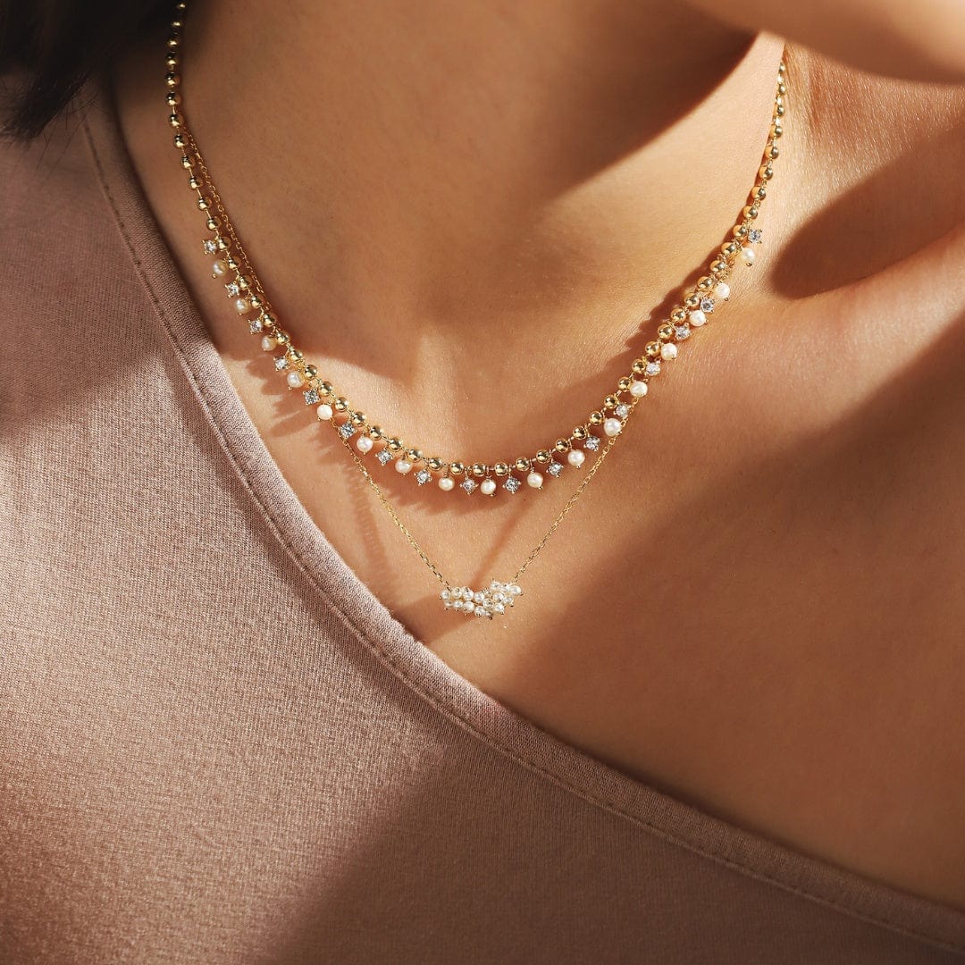 TAI JEWELRY | Gold Ball Necklace with Alternating CZ and Pearl Stones | Necklace |