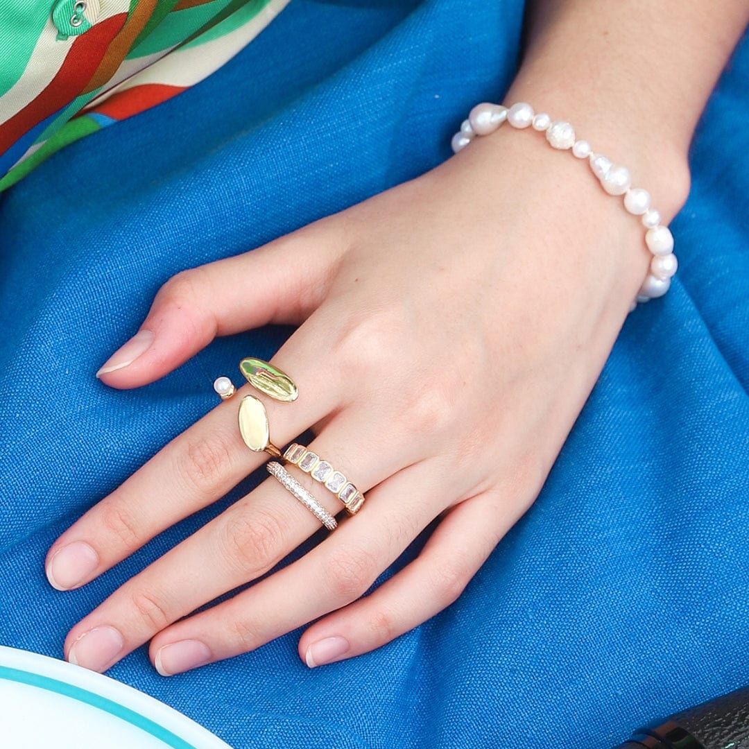 TAI JEWELRY Rings Gold Asymmetrical Disc Ring with Pearl