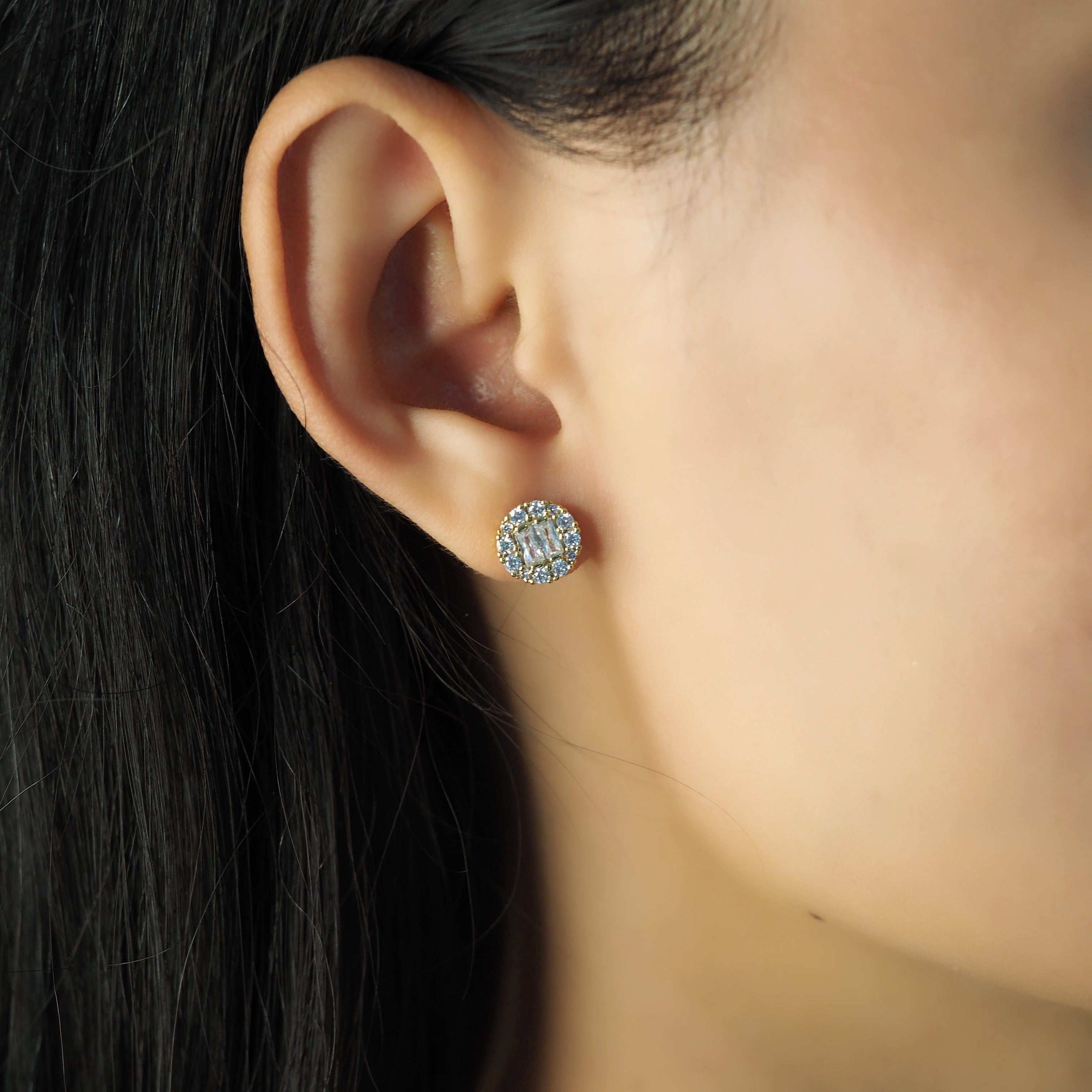 TAI JEWELRY Earrings Circular Cz Stud With Round And Baguette Stones