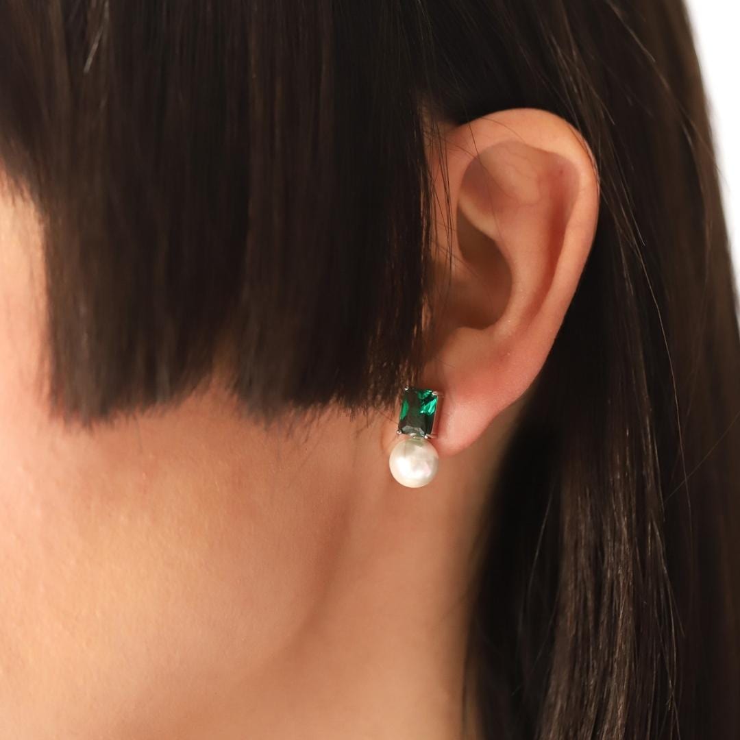 TAI JEWELRY Earrings Clear Emerald Cut Glass and Pearl Drop Earrings