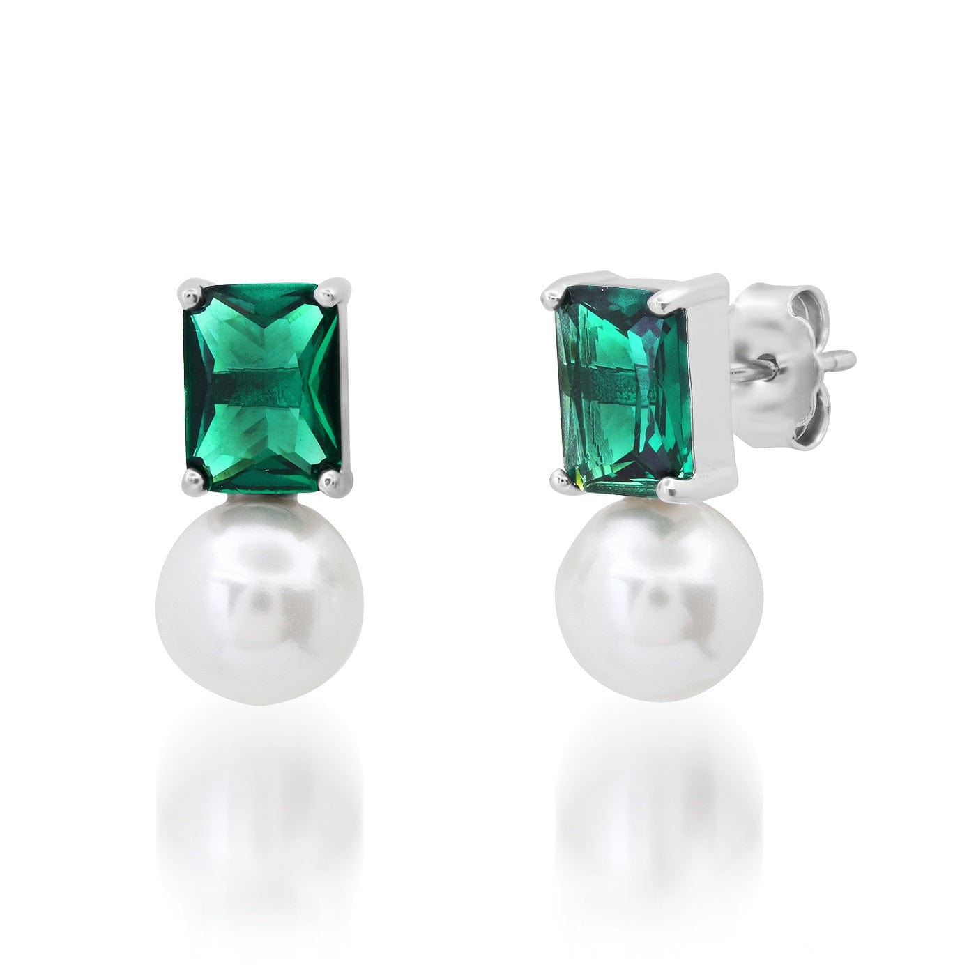 TAI JEWELRY Earrings Emerald Clear Emerald Cut Glass and Pearl Drop Earrings