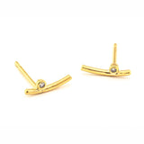 TAI JEWELRY Earrings GOLD Curved Bar Stud With Bezel Set Cz Detail