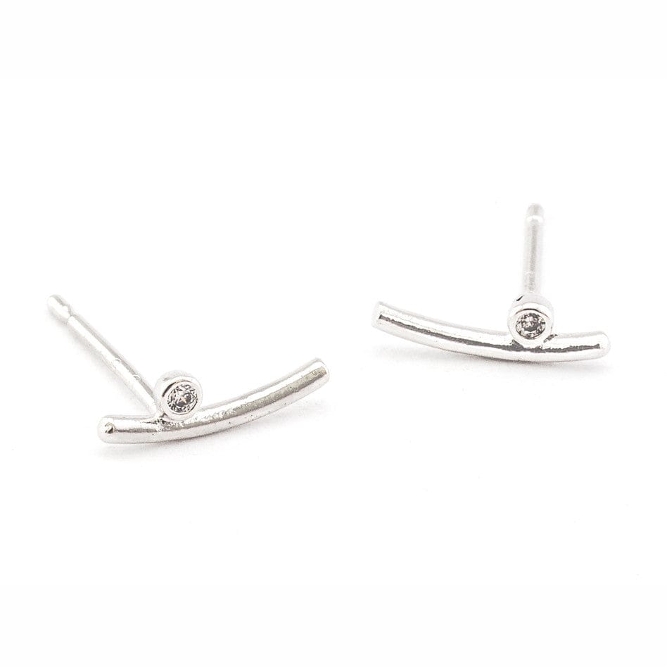 TAI JEWELRY Earrings SILVER Curved Bar Stud With Bezel Set Cz Detail