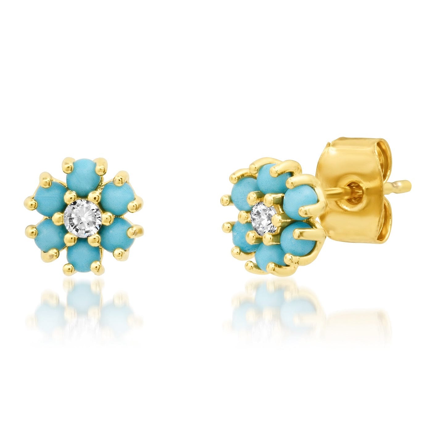 TAI JEWELRY Earrings Turquoise CZ Flower Stud With Jewel Tone Center Stone