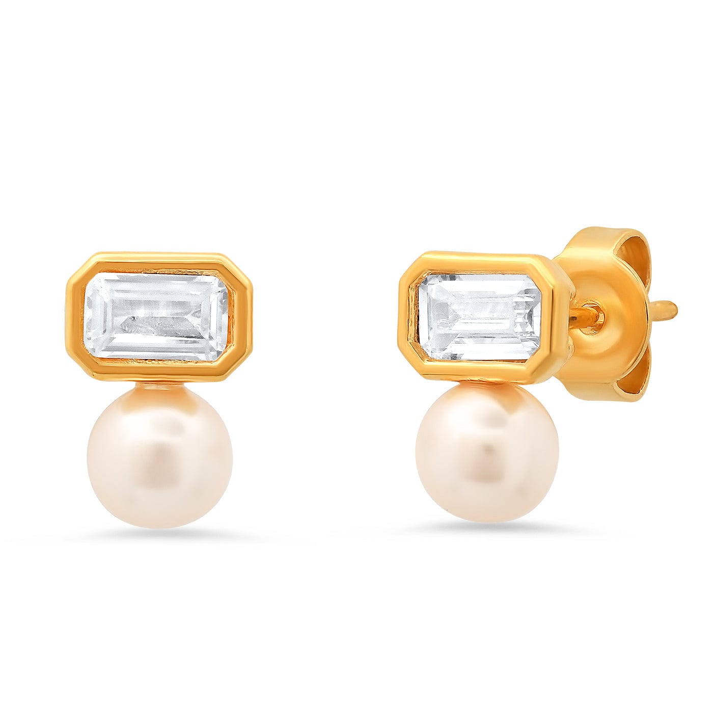 Tai Jewelry Double Swarovski Pearl and CZ Modern Stud