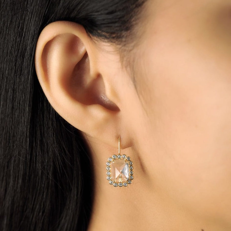 TAI JEWELRY Earrings Emerald Cut CZ Halo Drop Earrings