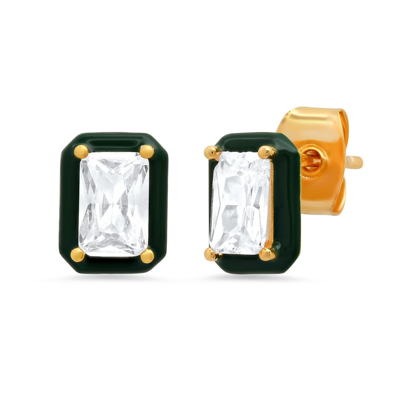 TAI JEWELRY Earrings Emerald Green Enamel Bezel Set Rectangular CZ Studs