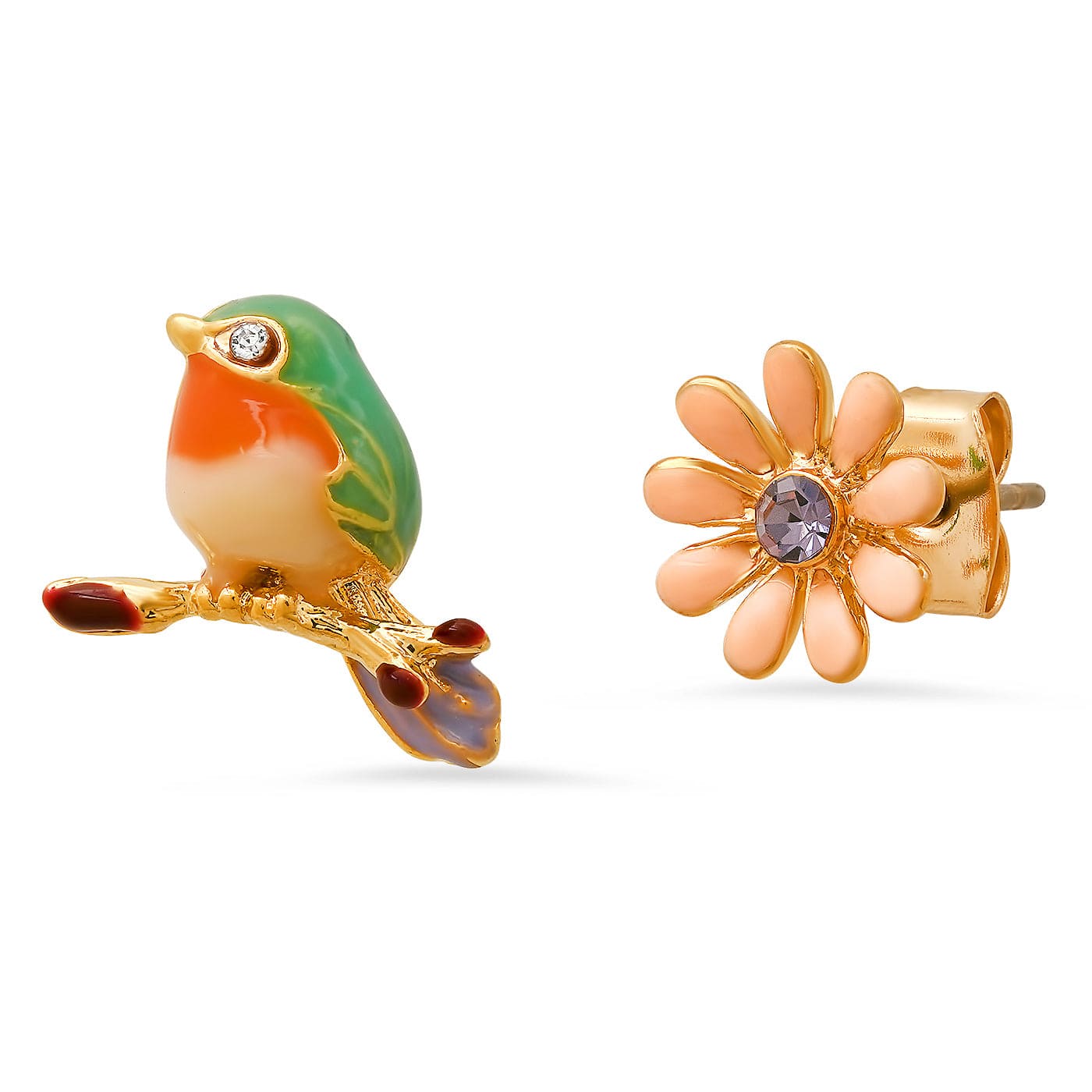 TAI JEWELRY Earrings Enamel Bird and Flower Mismatch Studs