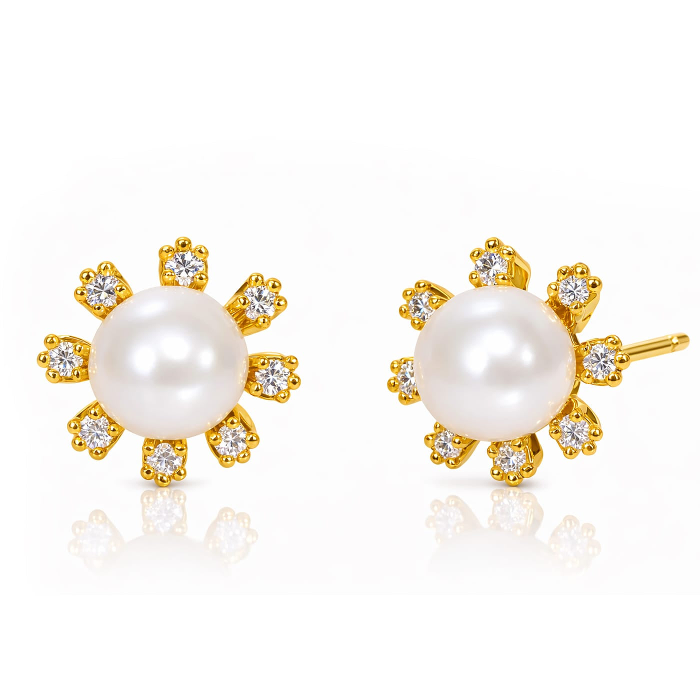 TAI JEWELRY Earrings Freshwater Pearl Stud With Gold And Cz Flower Detail