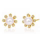 TAI JEWELRY Earrings Freshwater Pearl Stud With Gold And Cz Flower Detail