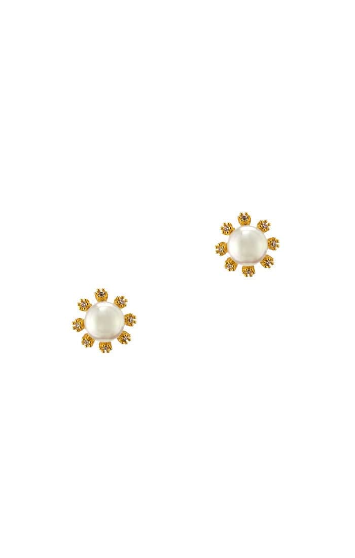 TAI JEWELRY Earrings Freshwater Pearl Stud With Gold And Cz Flower Detail