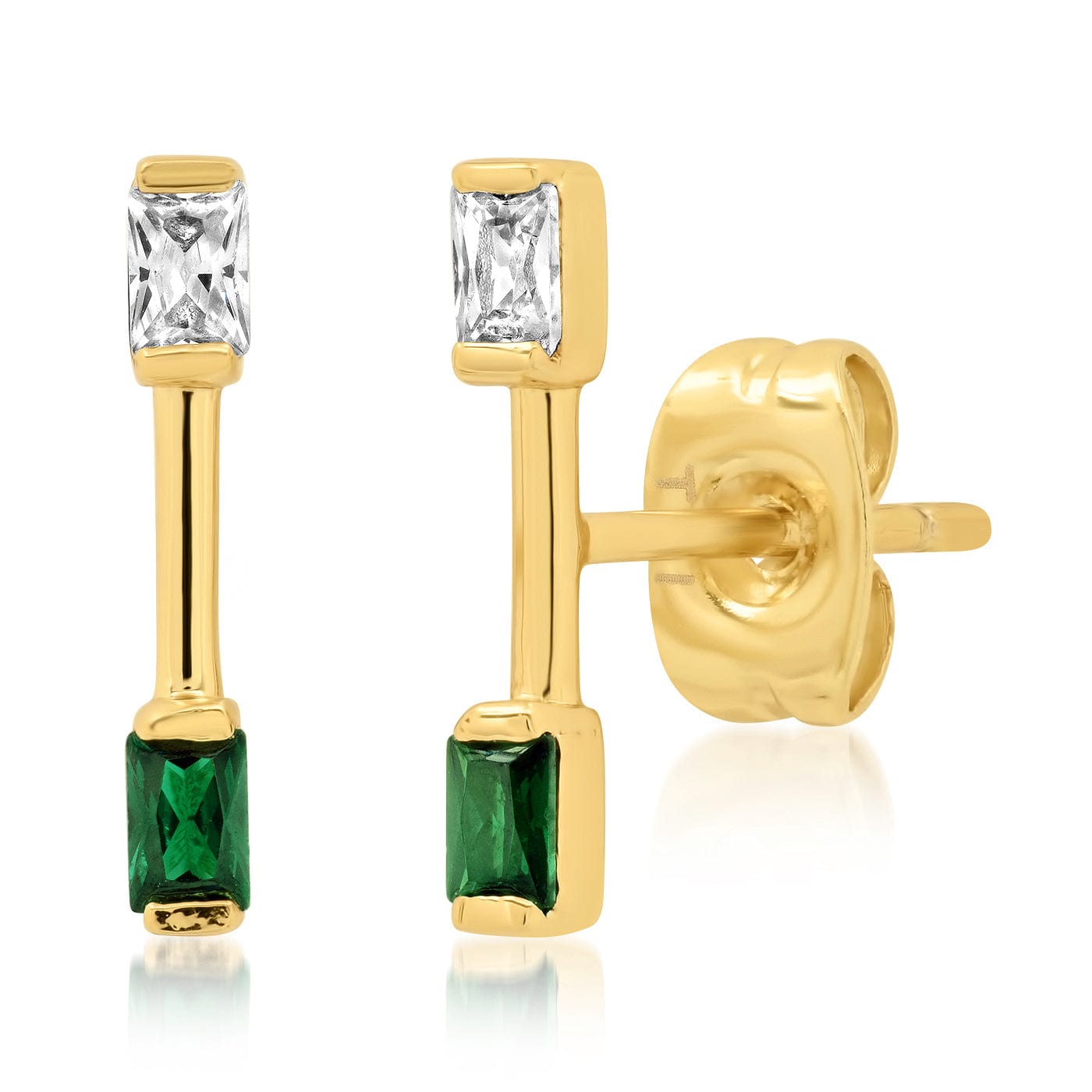 TAI JEWELRY Earrings Gold Bar Stud With CZ And Emerald Green Stone Accents