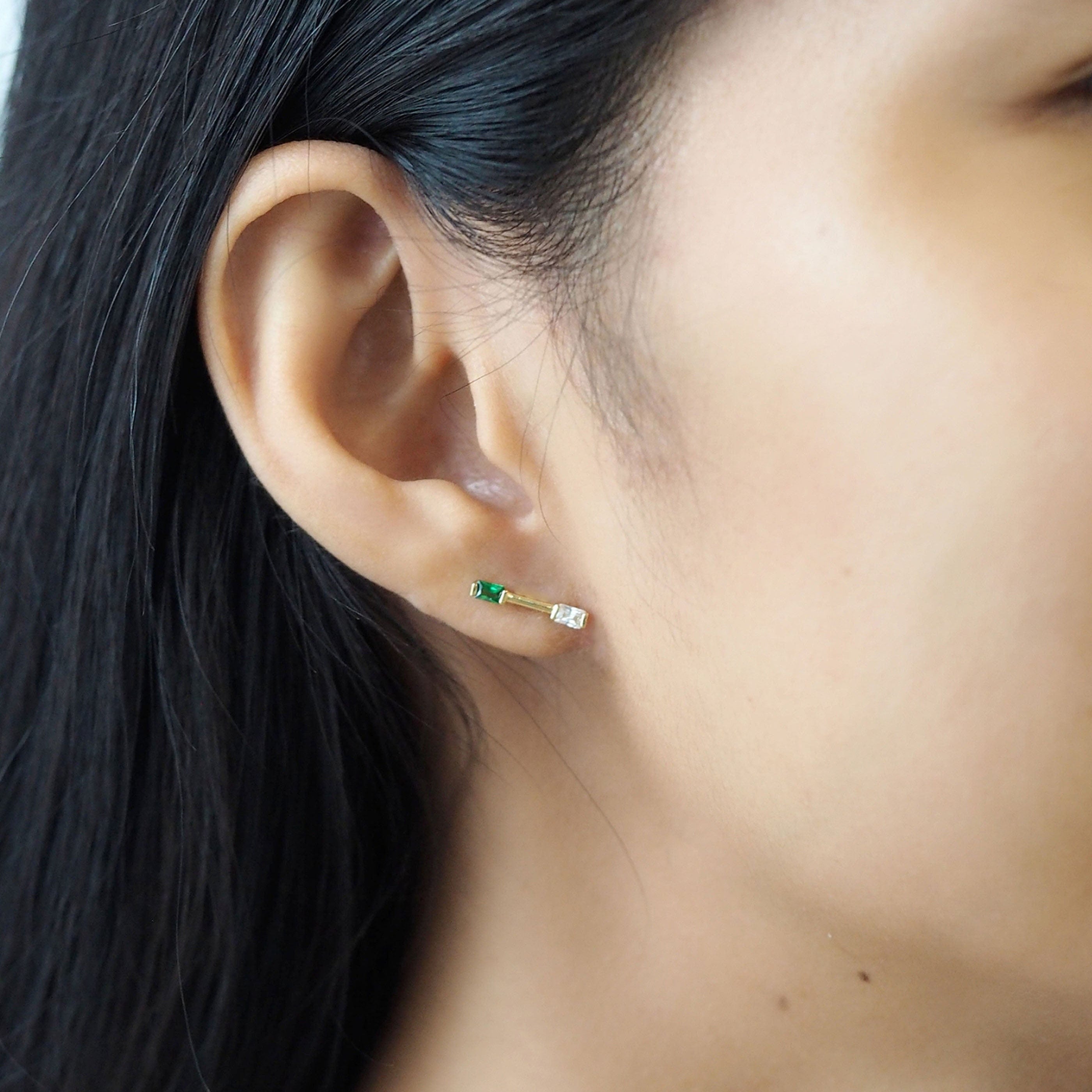 TAI JEWELRY Earrings Gold Bar Stud With CZ And Emerald Green Stone Accents