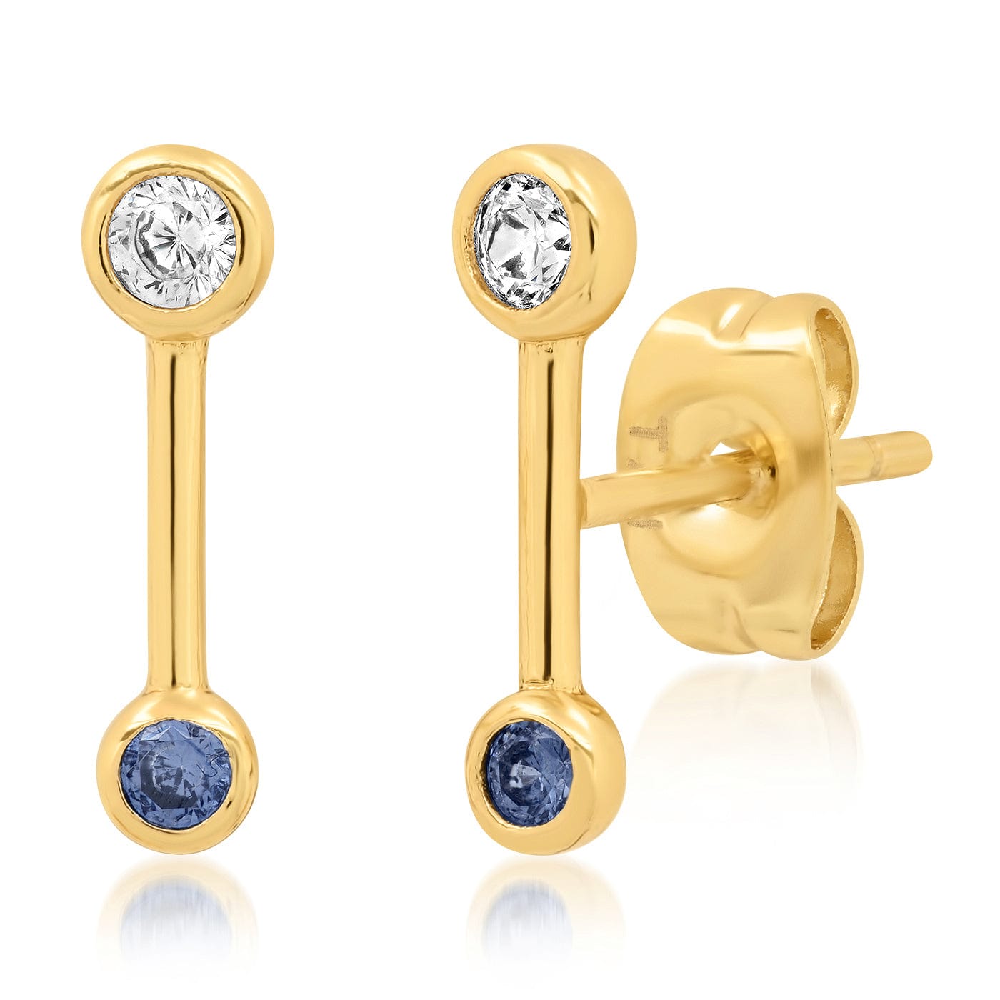 TAI JEWELRY Earrings Gold Bar Studs With Cz & Blue Glass Accents