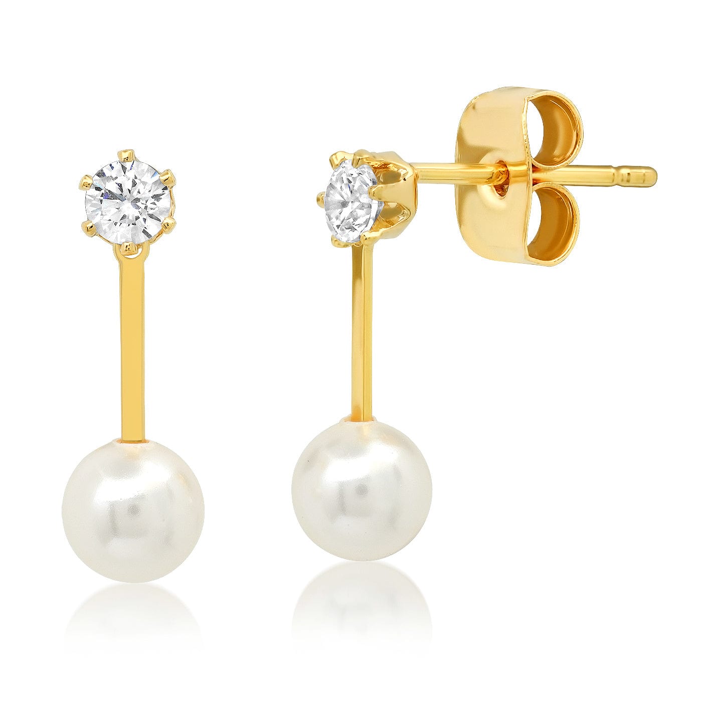 TAI JEWELRY Earrings Gold Stick Stud With Cz Solitaire And Pearl Accents