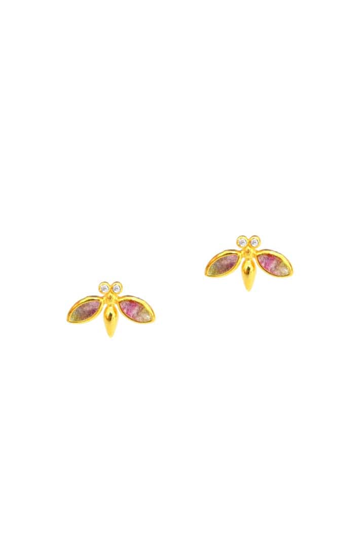 TAI JEWELRY Earrings Watermelon Tourmaline Gold Vermeil Bee Studs With Stone Accents