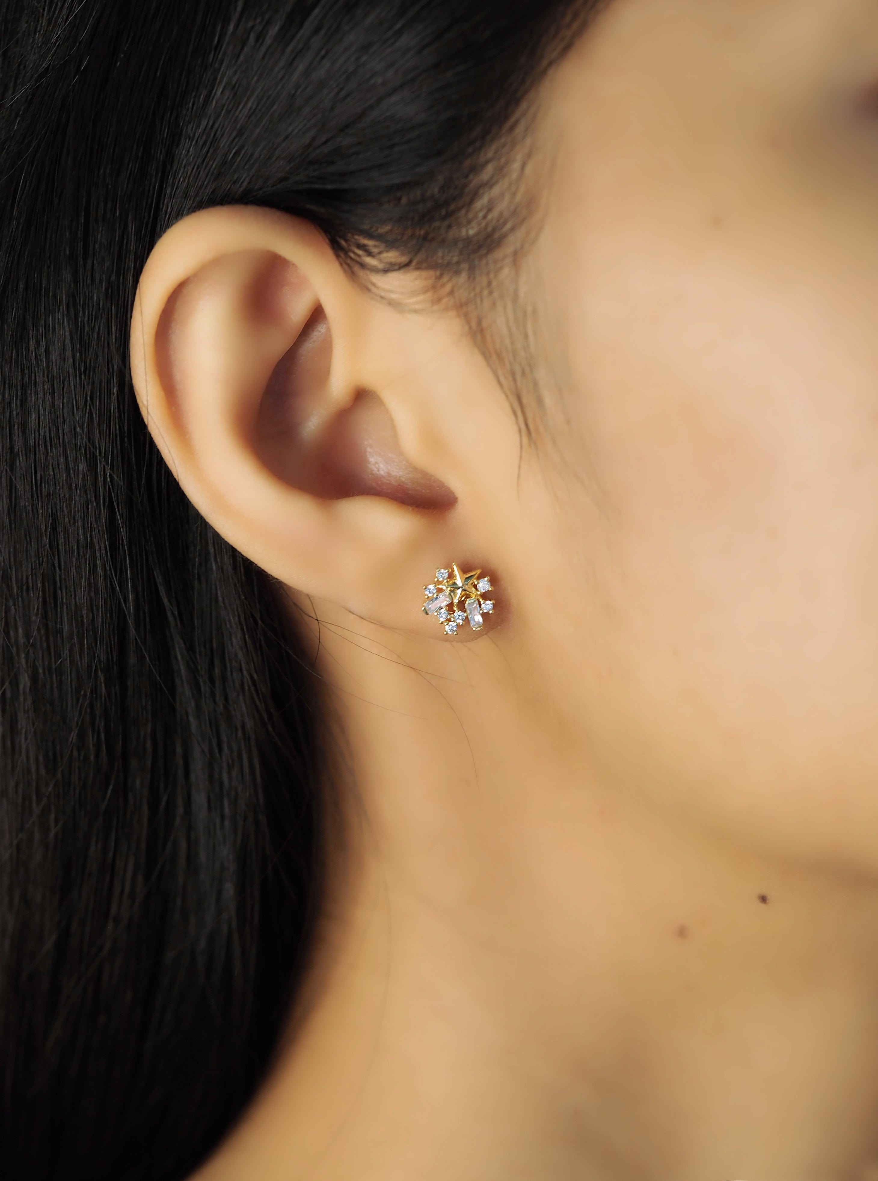 TAI JEWELRY Earrings Golden Star Baguette CZ Clusters