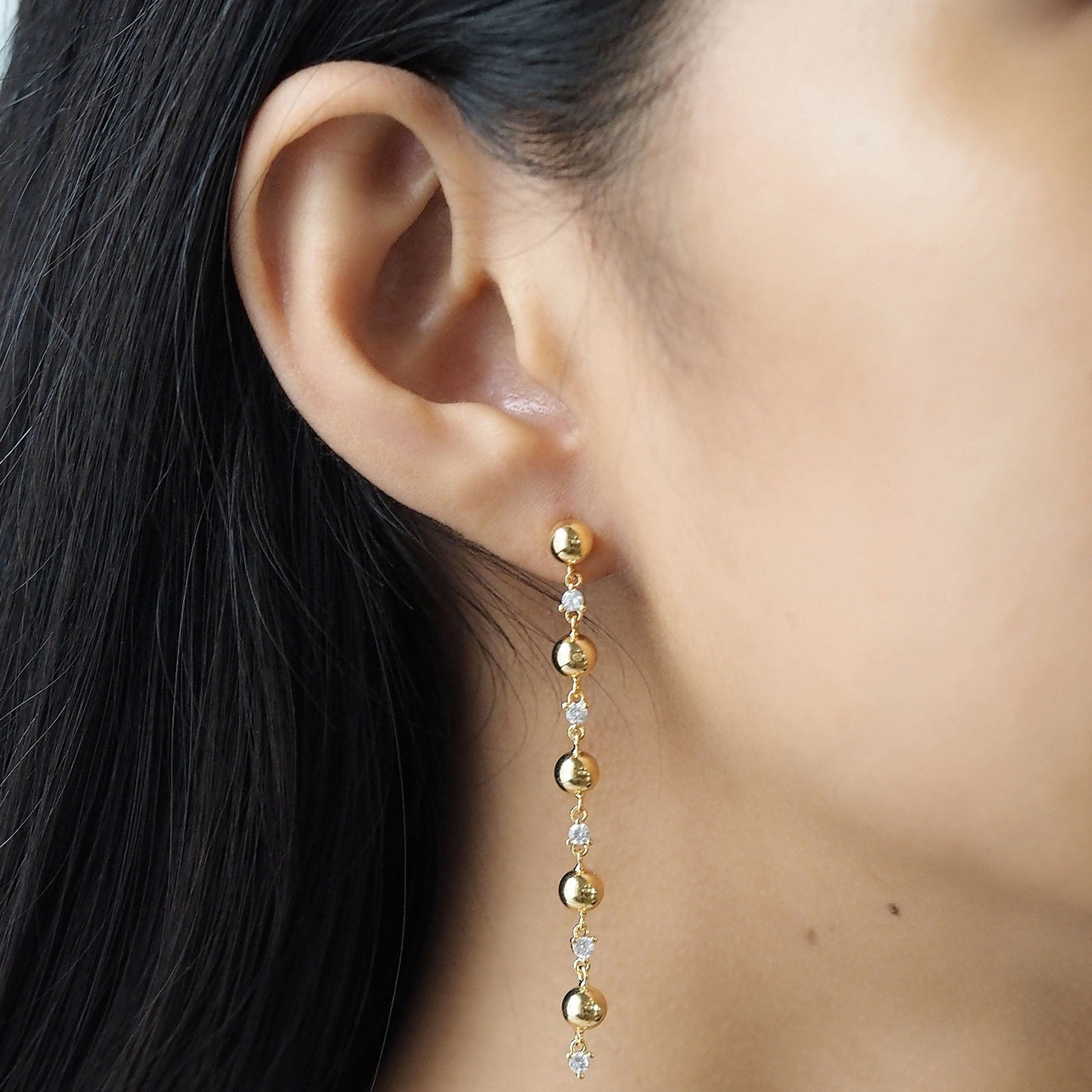 TAI JEWELRY Earrings Linear Alternating Gold Ball And Cz Drop Earring