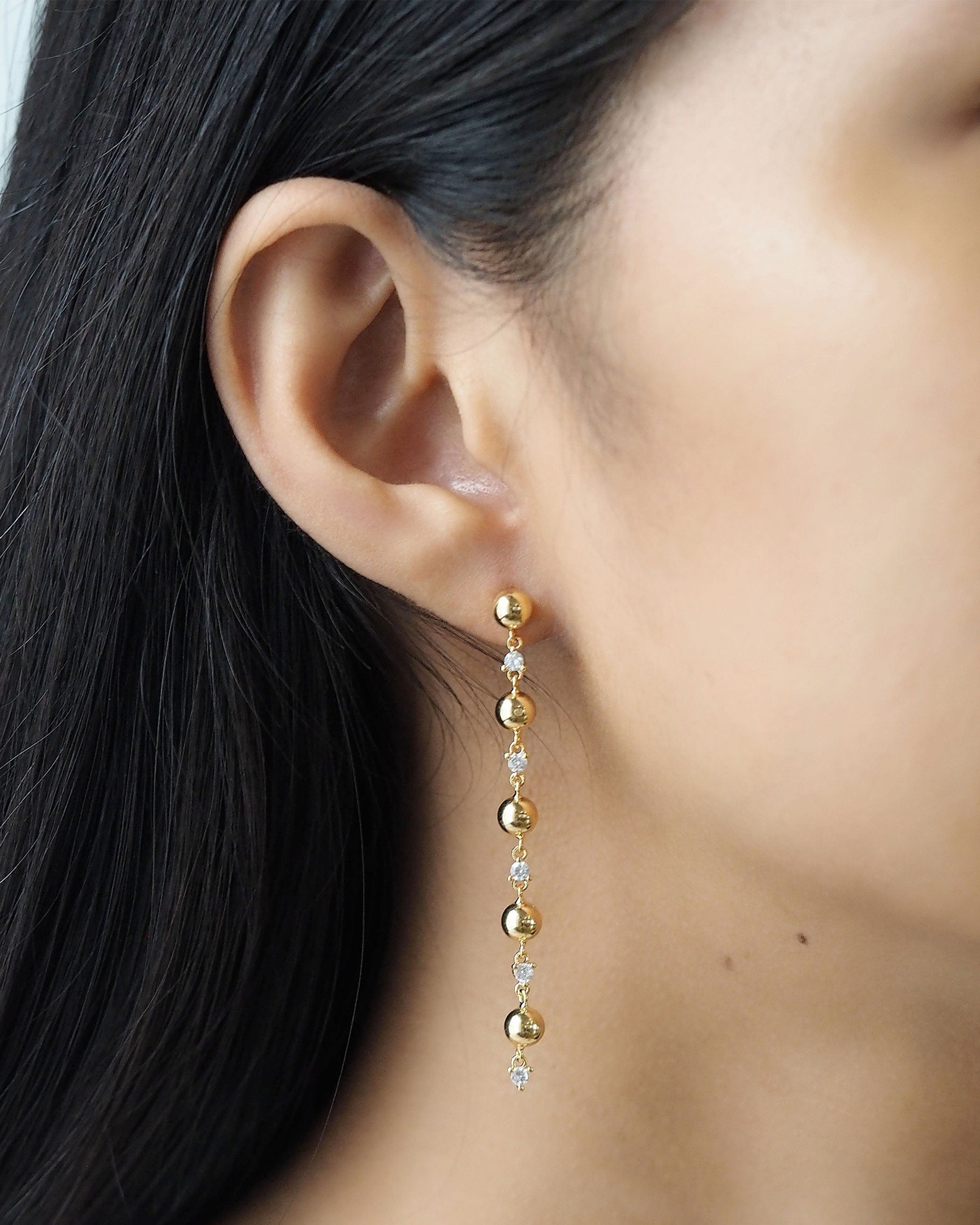 TAI JEWELRY Earrings Linear Alternating Gold Ball And Cz Drop Earring