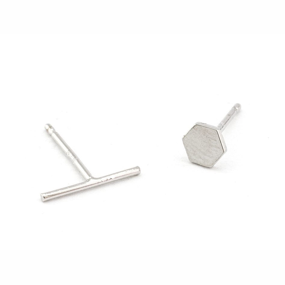 TAI JEWELRY Earrings Silver Mismatched Hexagon Stick Studs